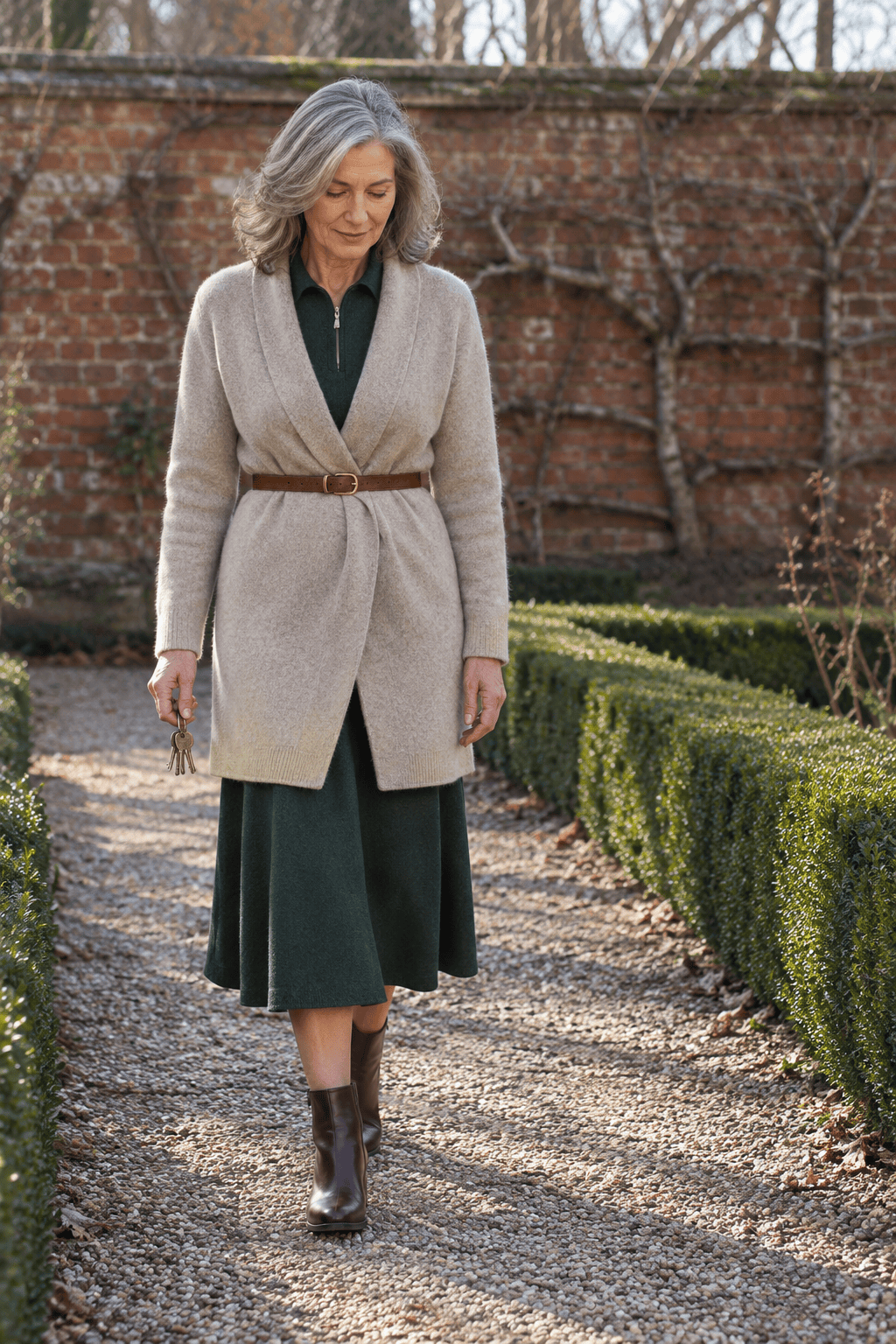how to wear a cardigan over 60 with a knit dress: oatmeal cashmere duster belted with a cognac leather belt over a hunter green knitted midi dress