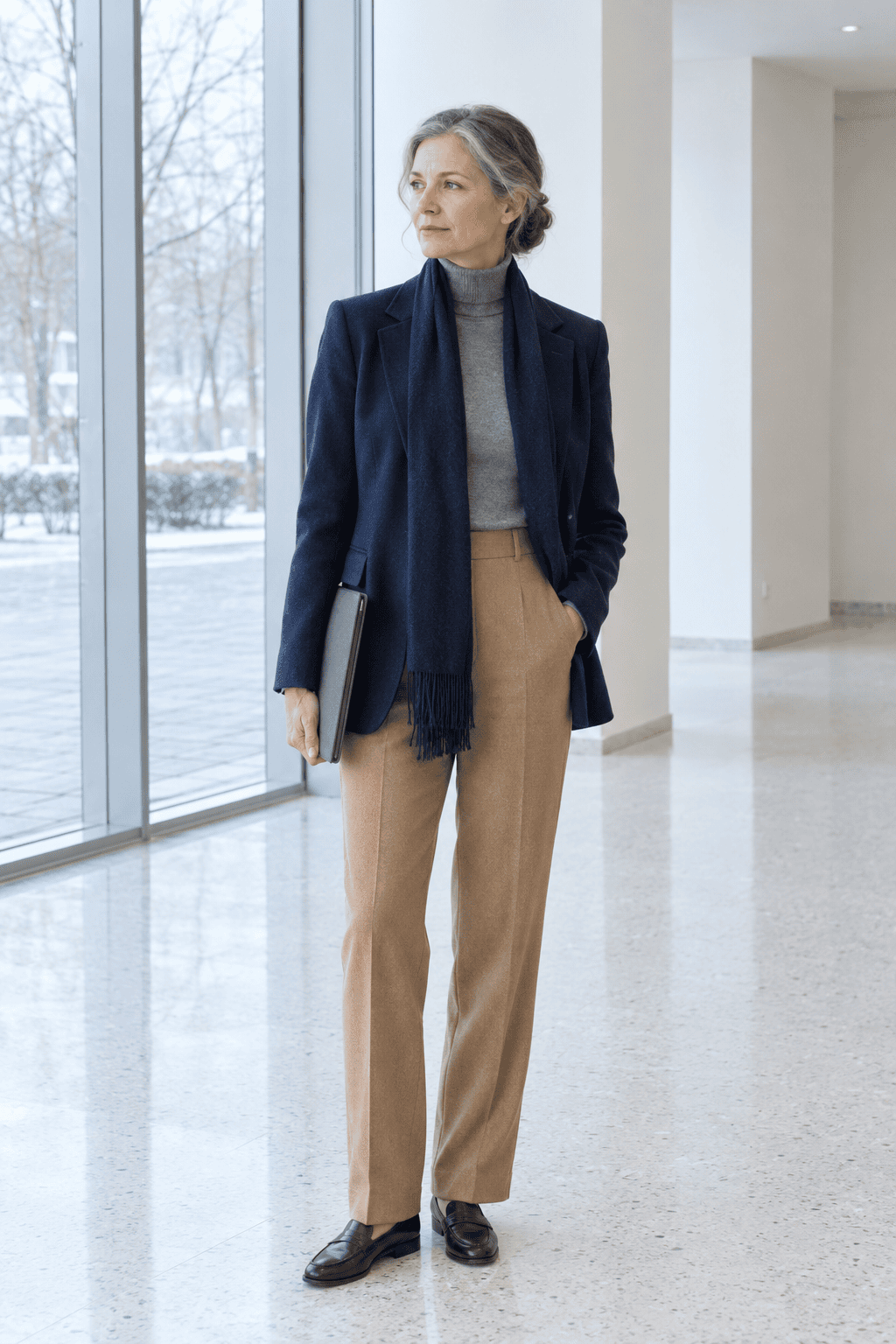 elegant winter outfit for women over 50: navy wool blazer over a grey fine turtleneck, camel straight wool trousers and chocolate penny loafers