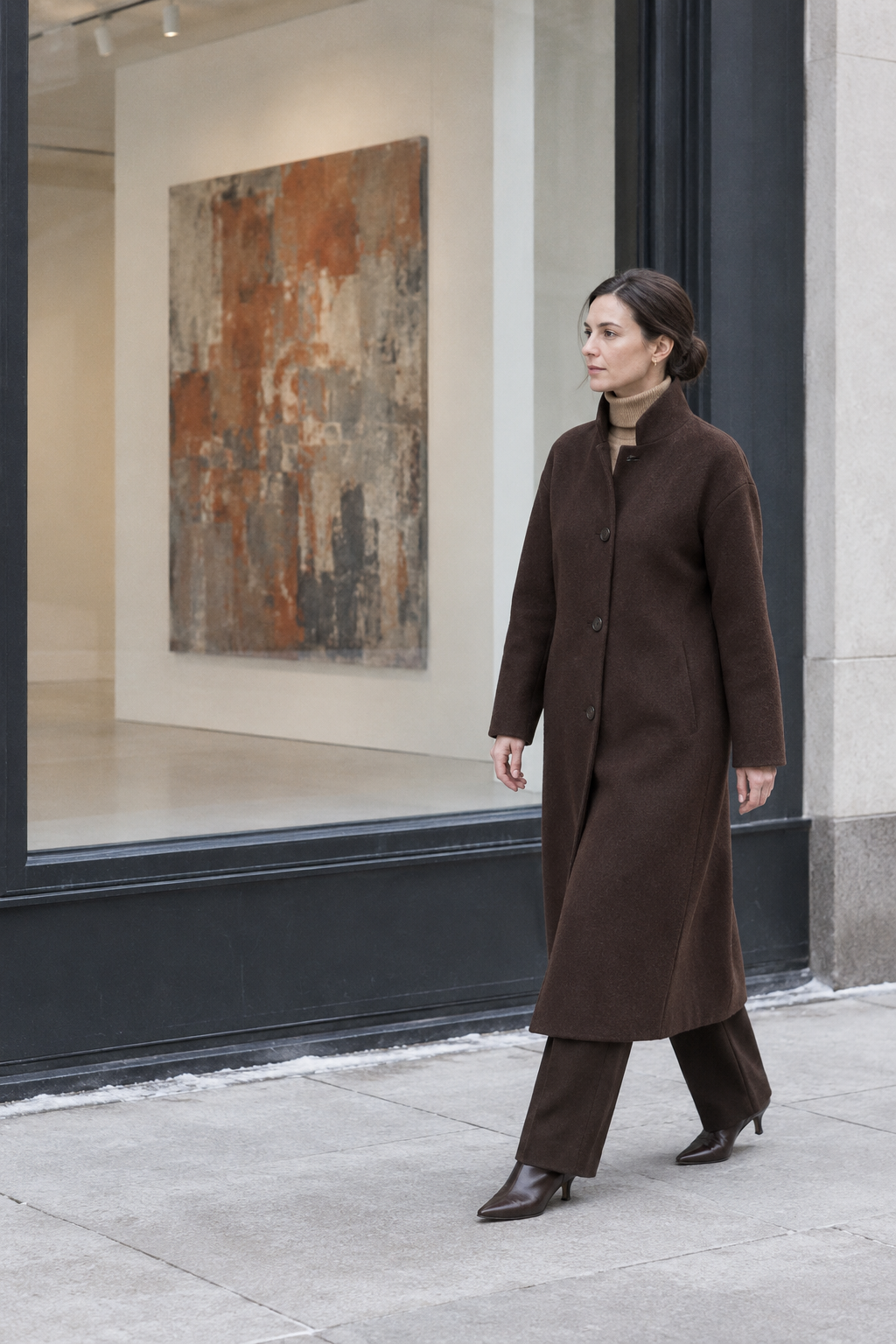 italian old money winter outfit in brown: long chocolate stand-collar topcoat, camel cashmere turtleneck, chocolate straight wool trousers and dark brown kitten-heel leather booties