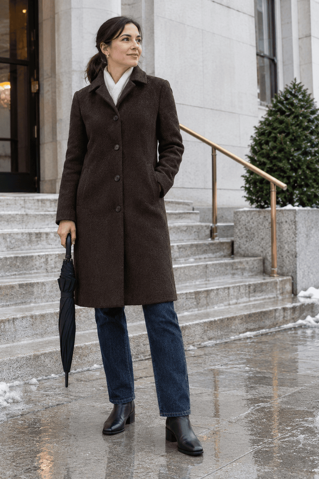 how to look put together in winter: woman in plain black leather block-heel ankle boots and straight jeans on a wet winter pavement