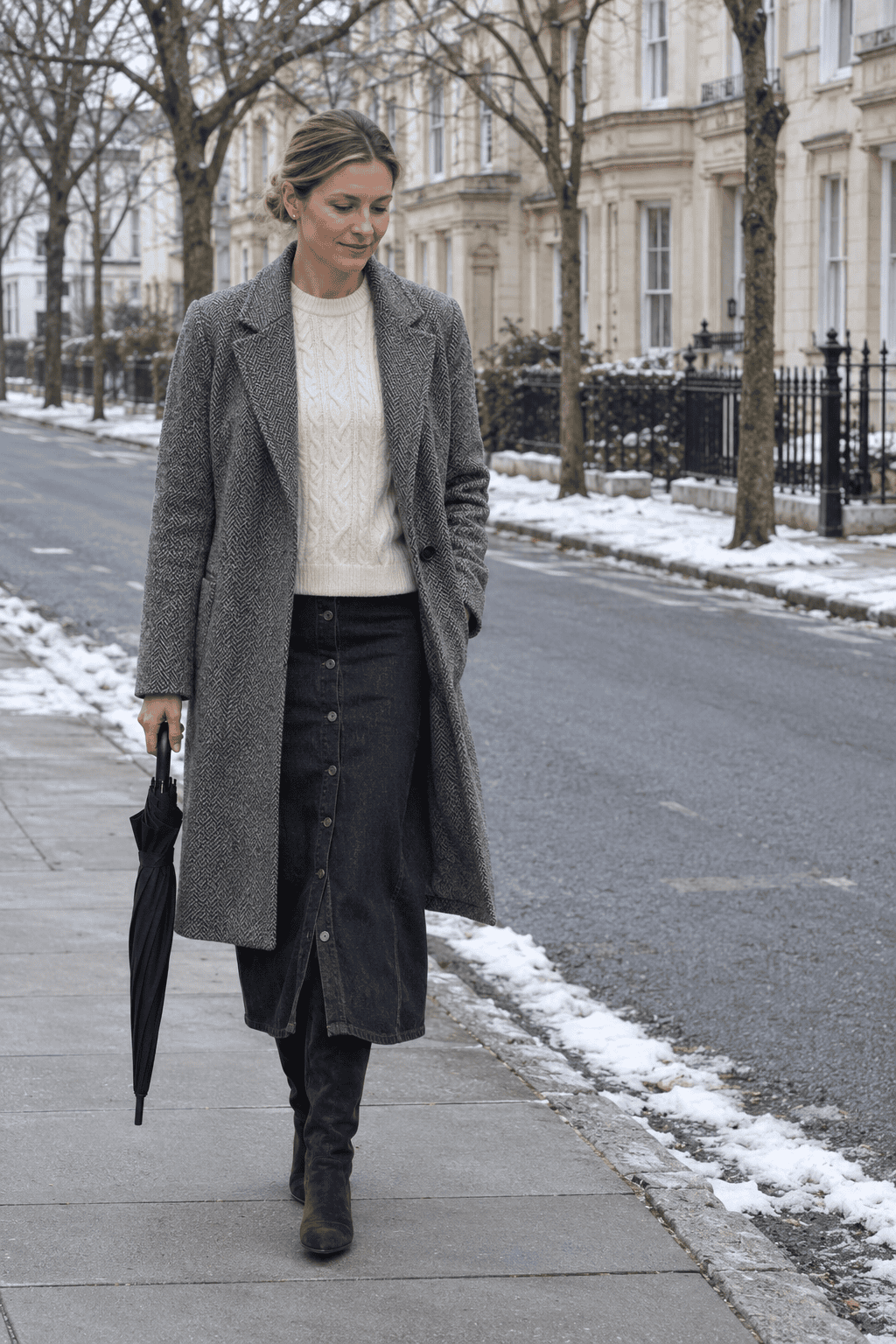 winter outfit for women over 40: grey herringbone wool coat, ivory cable-knit cashmere sweater, indigo denim midi skirt and dark brown suede knee boots