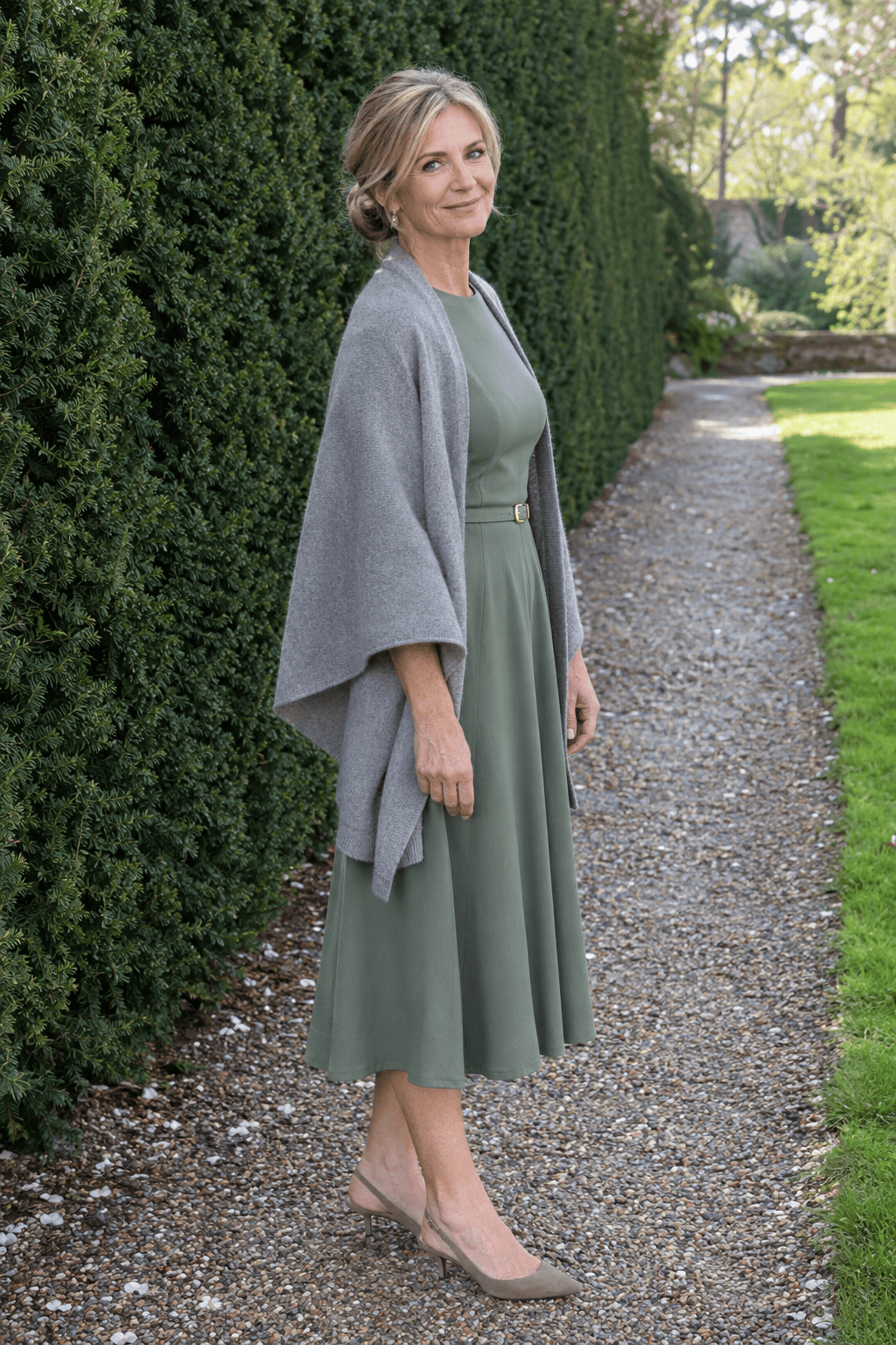 mother of the bride outfit in sage green: sleeveless belted flared midi dress with a gray cashmere wrap around the shoulders and taupe suede kitten-heel slingbacks