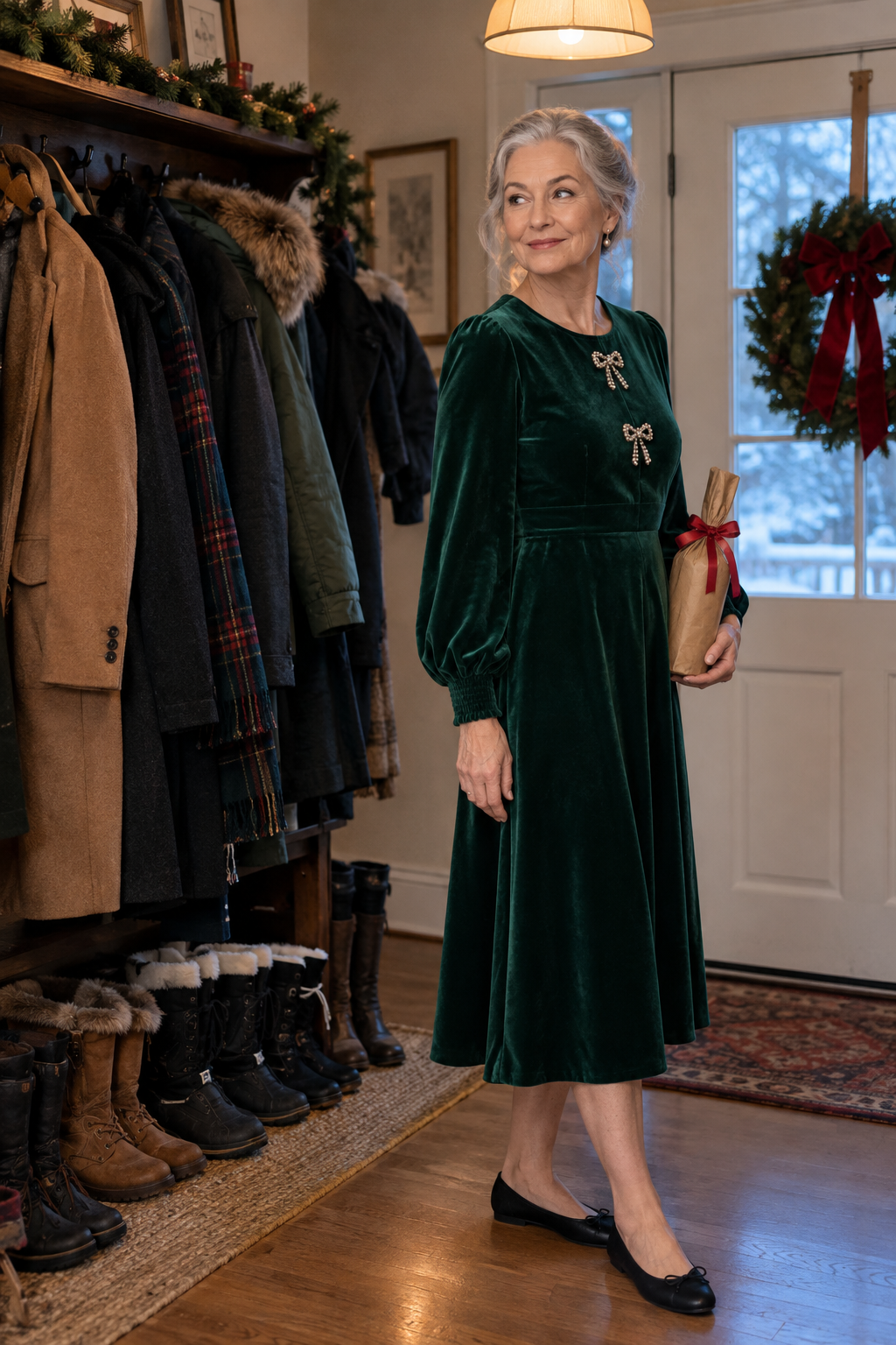 family christmas party outfit for women over 60: emerald green long-sleeve velvet midi dress with black nappa bow ballet flats
