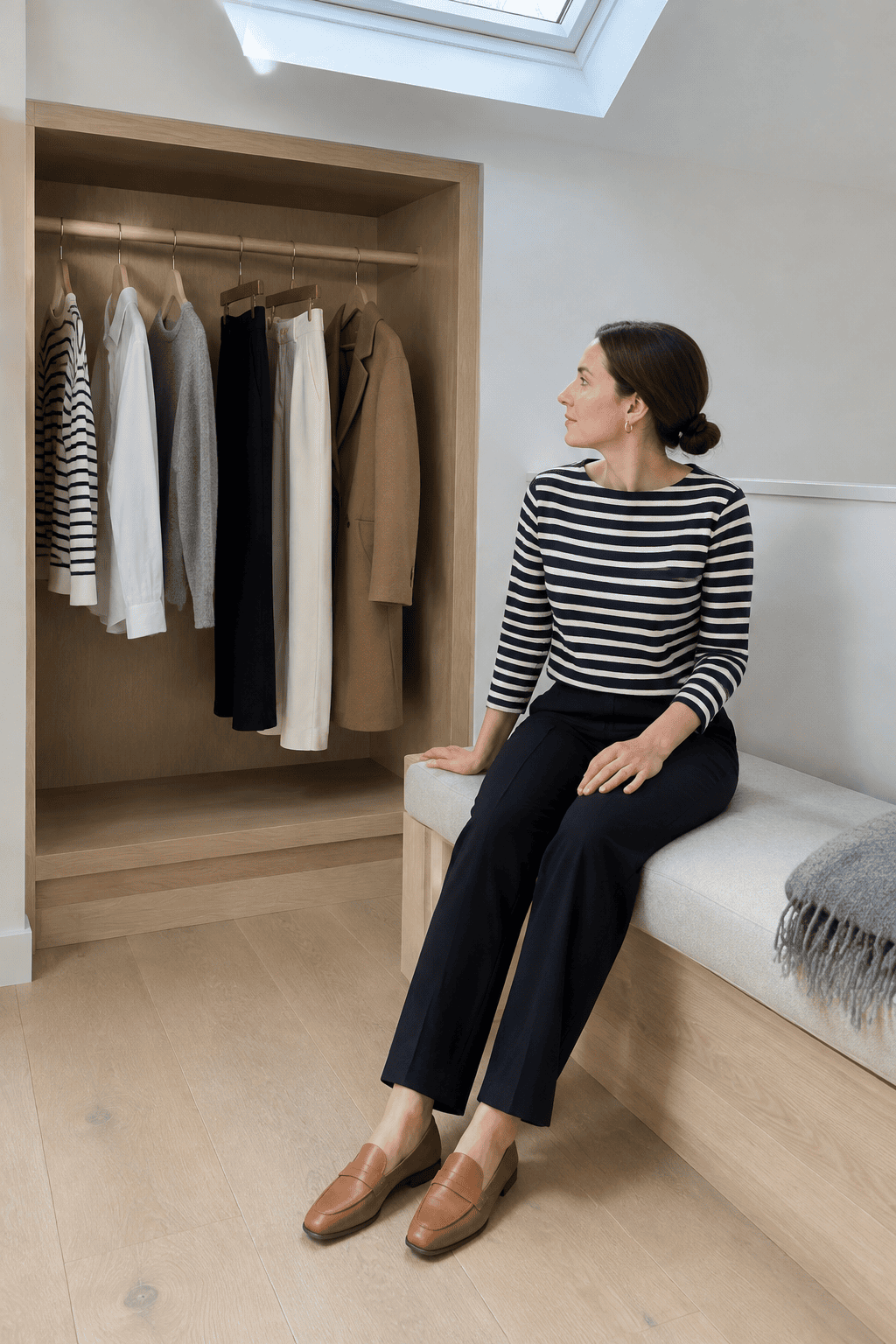 neatly hung neutral tops and trousers on a rail, one of each in a capsule wardrobe