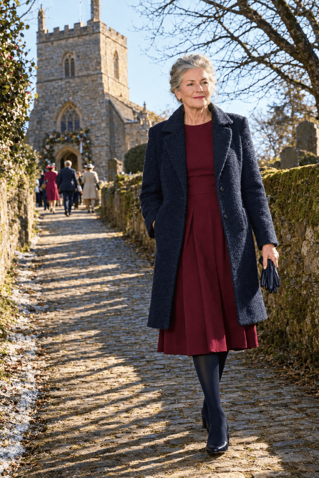 winter wedding guest outfit for women in their 70s: deep burgundy elbow-sleeve crepe midi dress under a navy wool-blend coat with navy low block-heel pumps
