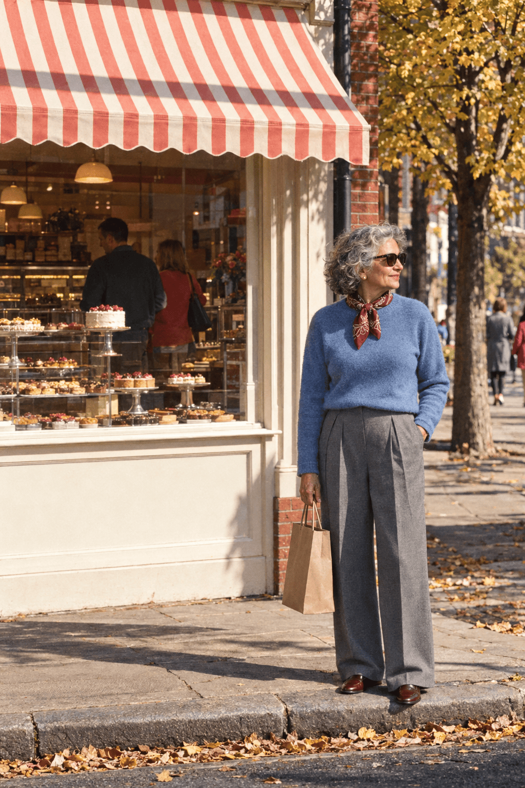 town lunch outfit for women over 70: heathered blue cashmere crewneck, gray wide-leg wool-blend trousers, burgundy printed silk scarf and wine penny loafers