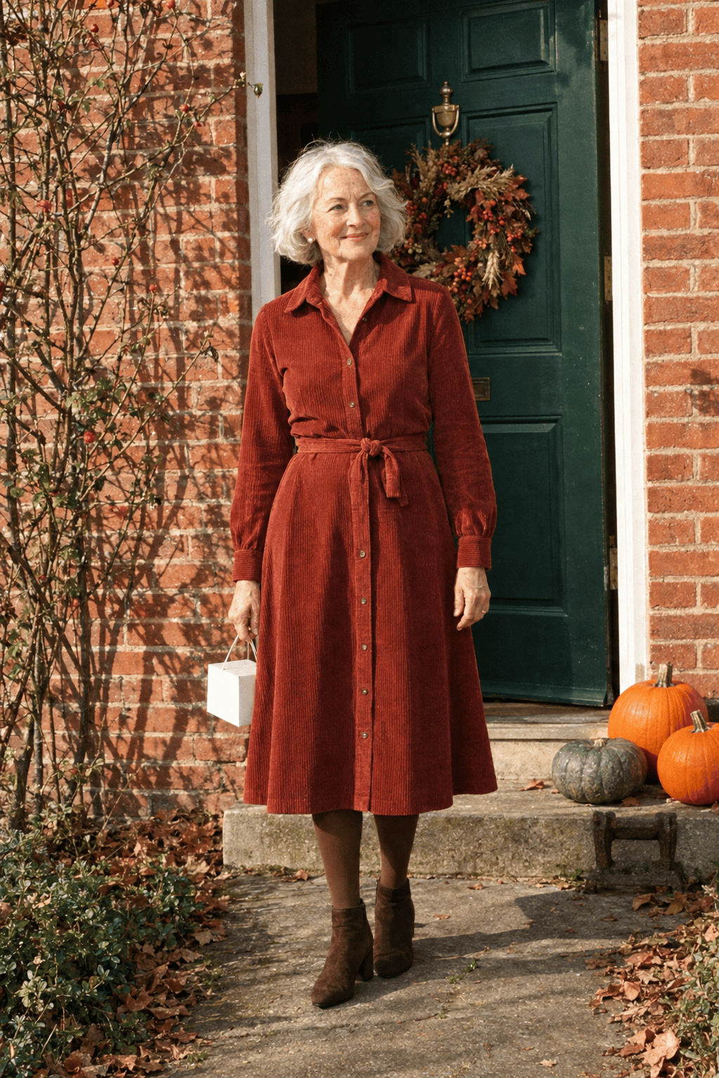 petite fall outfit for women in their 70s: belted brick-rust corduroy shirt dress falling to mid-calf, brown opaque tights and chocolate suede ankle boots