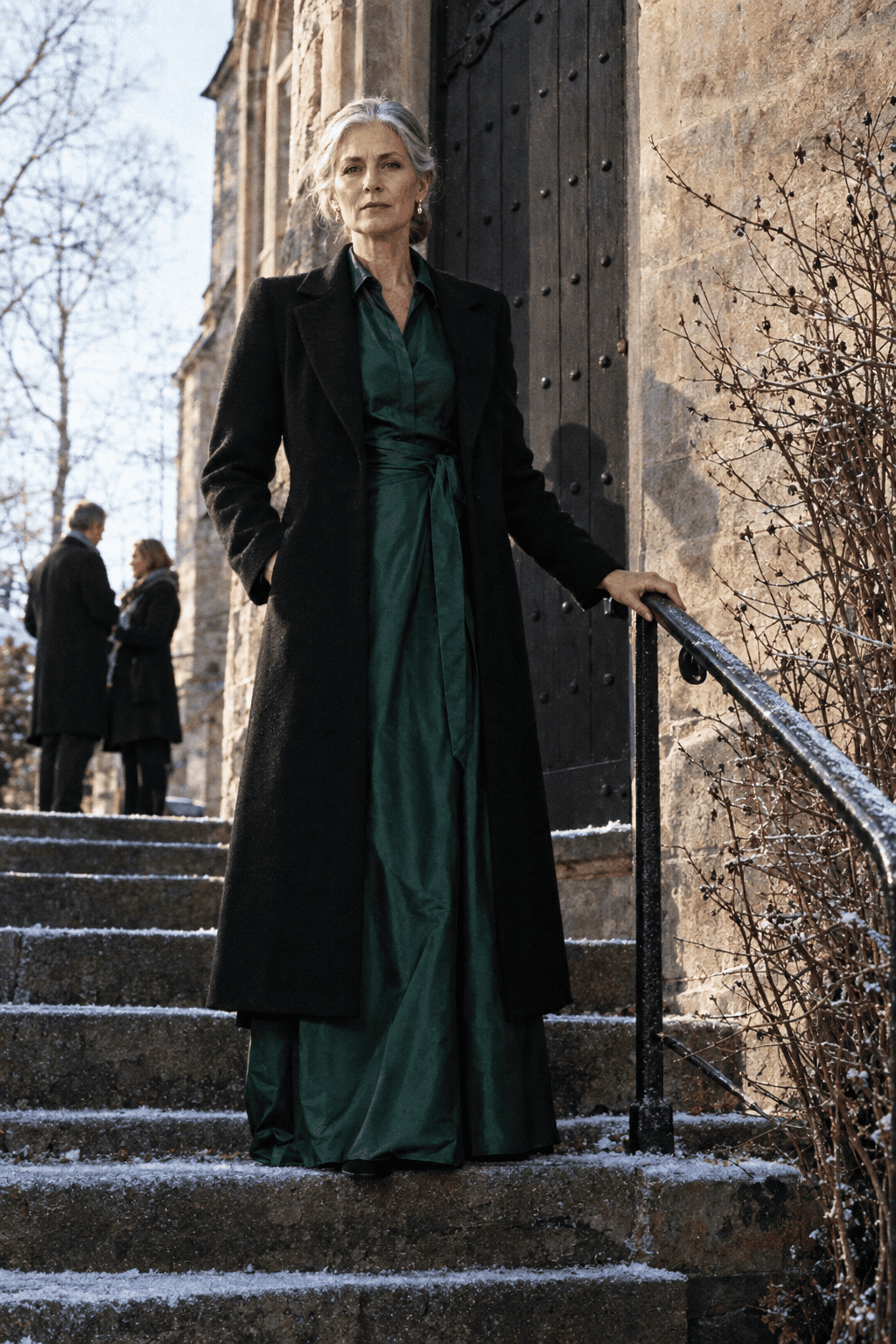 black-tie mother of the groom winter wedding outfit: floor-length long-sleeve forest green taffeta shirt gown with a sash under a long black wool coat