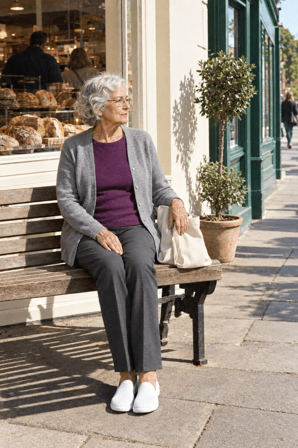 pulled-together appointment day outfit for women in their 80s: grey merino button cardigan over a plum short-sleeve sweater with white slip-on sneakers