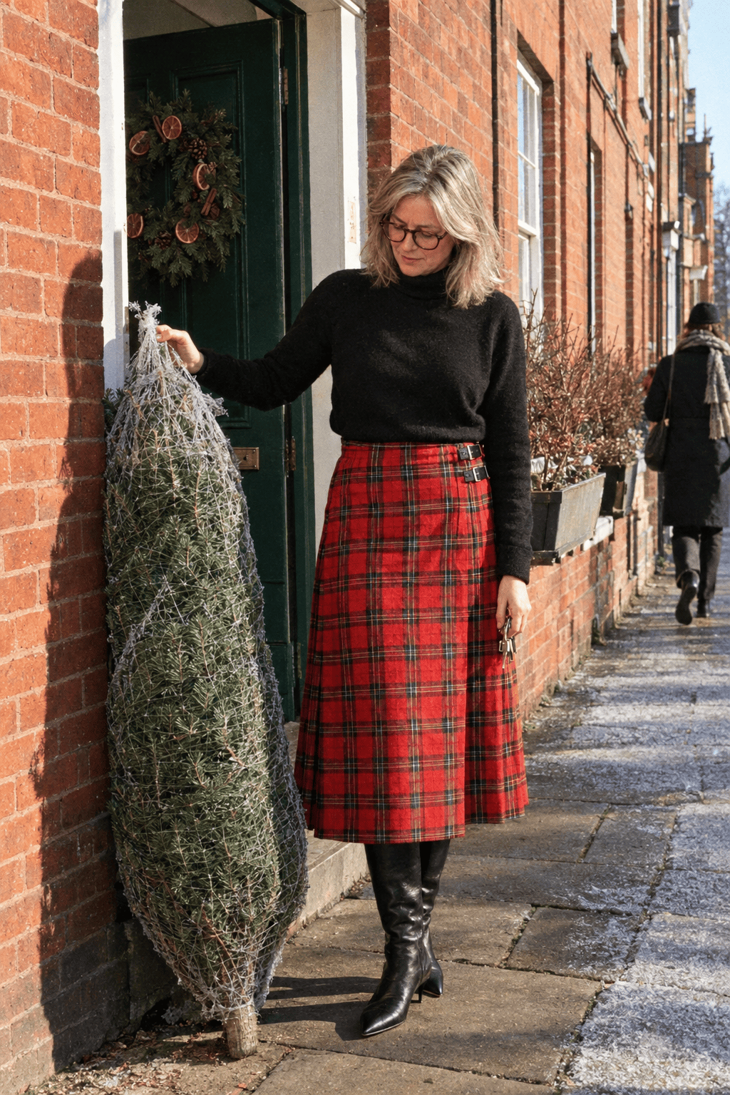 casual christmas party outfit: red tartan pleated midi kilt, black merino turtleneck and black leather knee-high boots