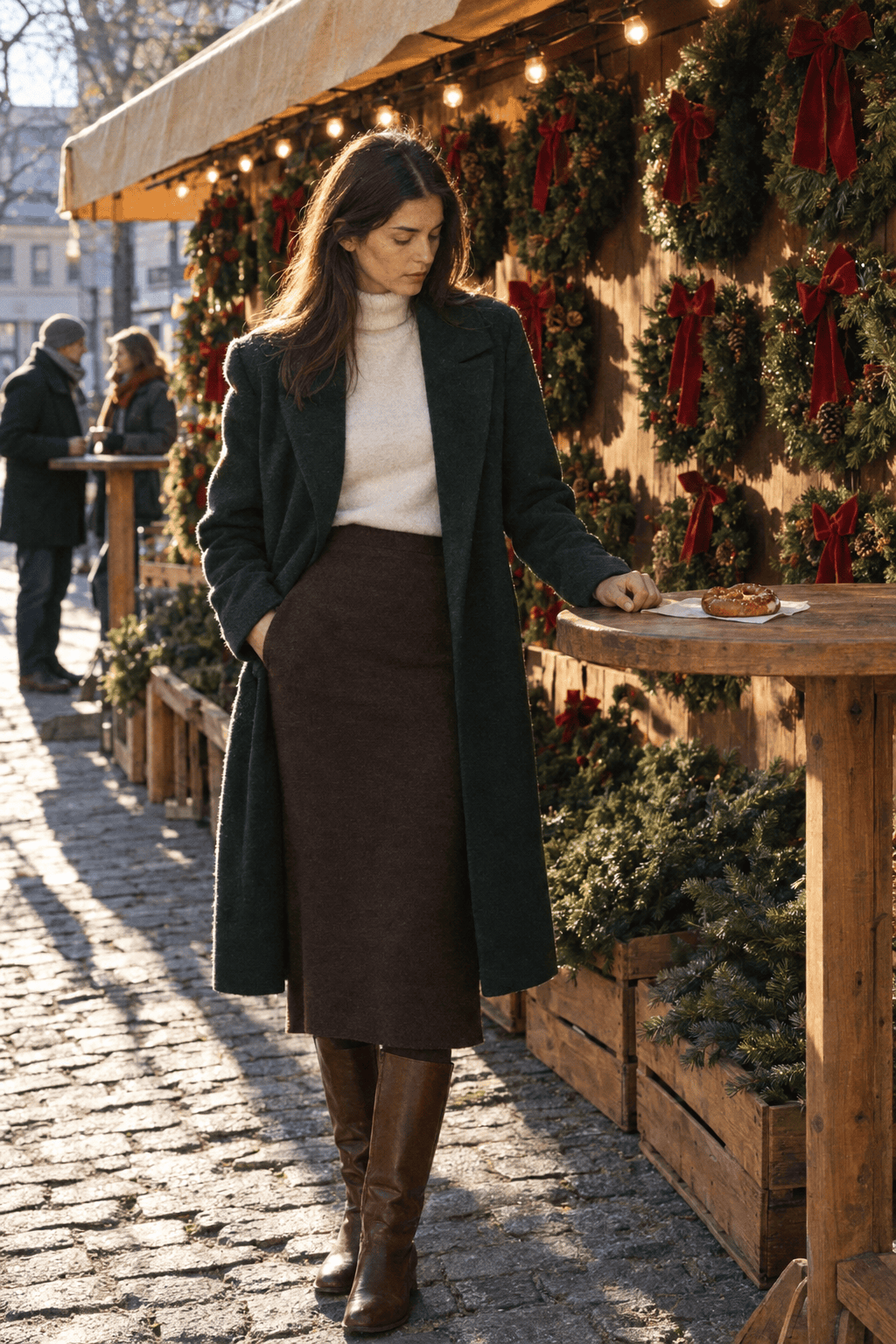 christmas market date outfit with a hunter green wool coat, off-white turtleneck, chocolate brown knit midi skirt and chestnut riding boots