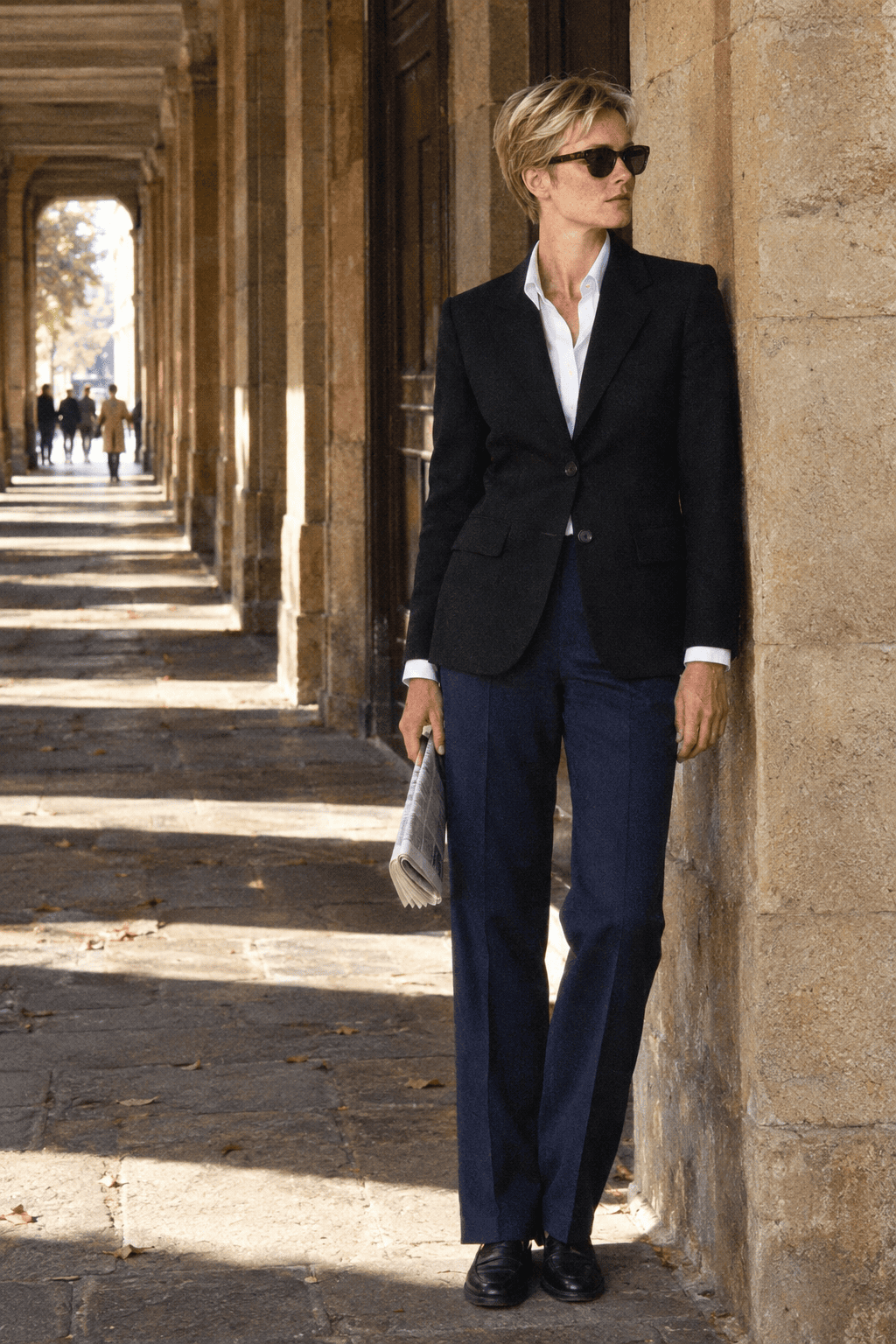 Massimo Dutti tailoring review: woman in a black wool blazer and navy straight-leg wool trousers