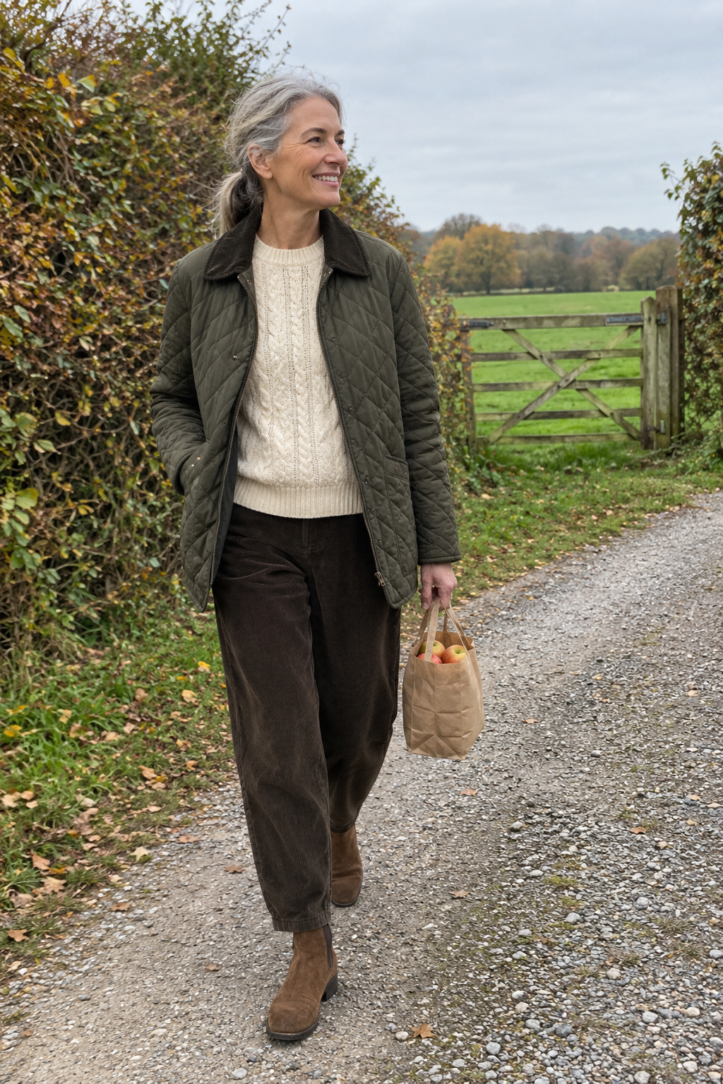 classy countryside outfit for women over 60: olive quilted jacket, cream cable-knit sweater, brown corduroy trousers and suede Chelsea boots