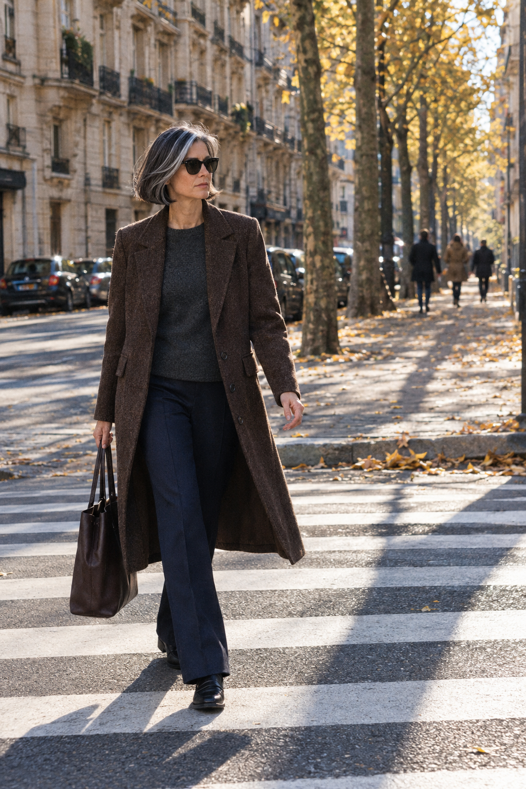 Old money brands for women: Massimo Dutti long brown wool coat and navy wool trousers