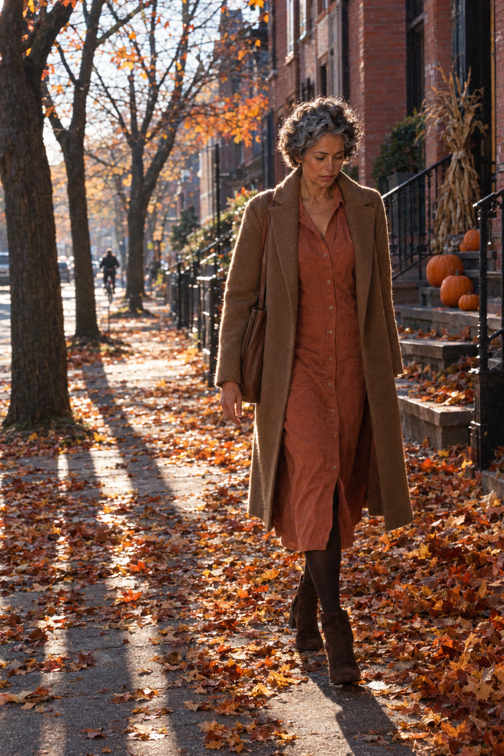women over 60 thanksgiving outfit: terracotta button-front midi dress, dark camel topcoat and suede ankle boots