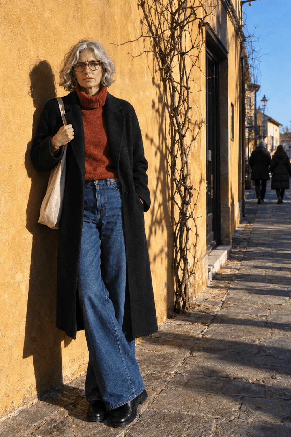 casual winter outfit: relaxed black long coat worn open, rust roll neck sweater, mid-blue wide-leg jeans and black leather Chelsea boots
