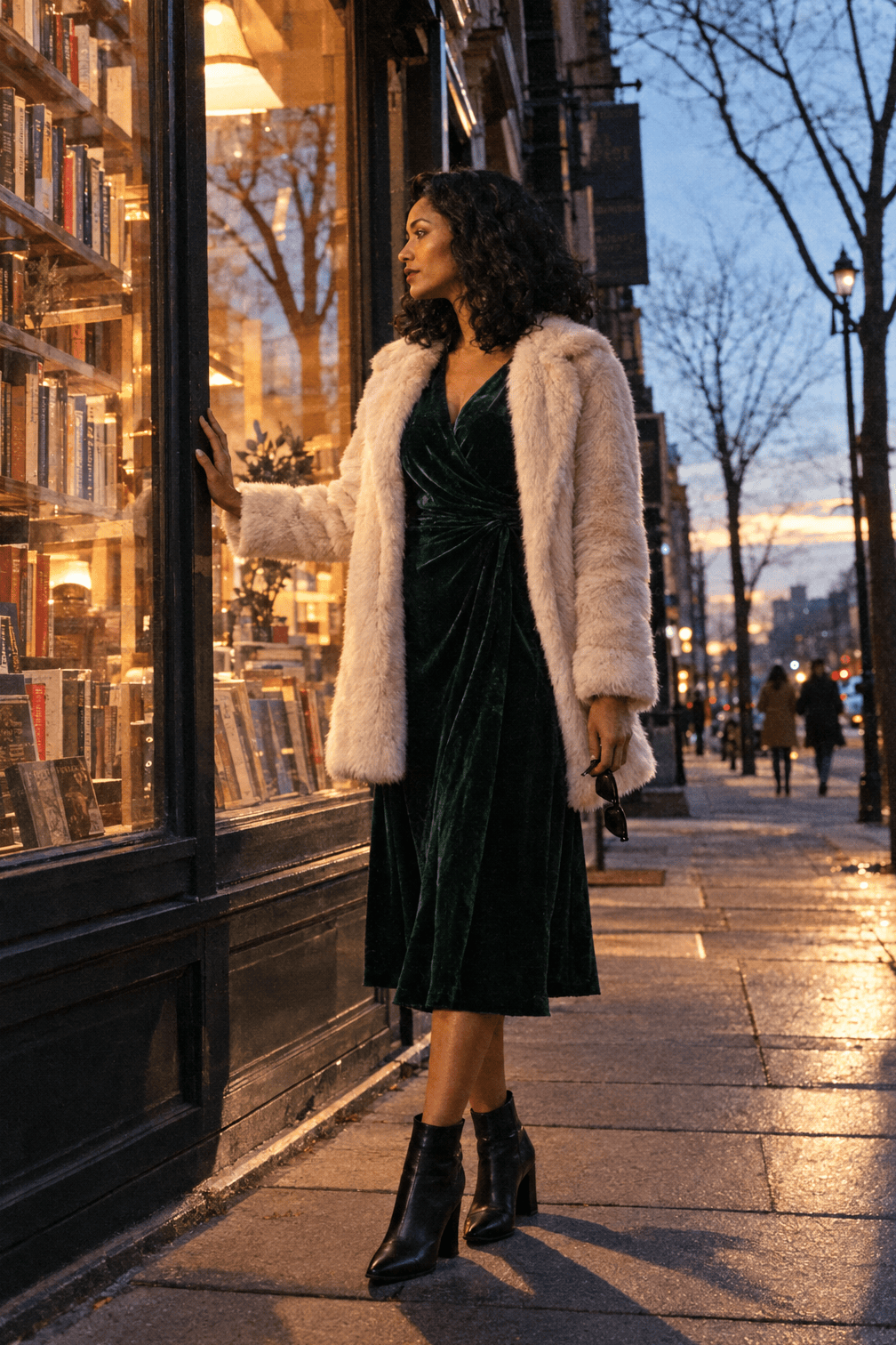 winter date night outfit: pine green velvet wrap dress with an oatmilk faux fur coat and black leather ankle booties