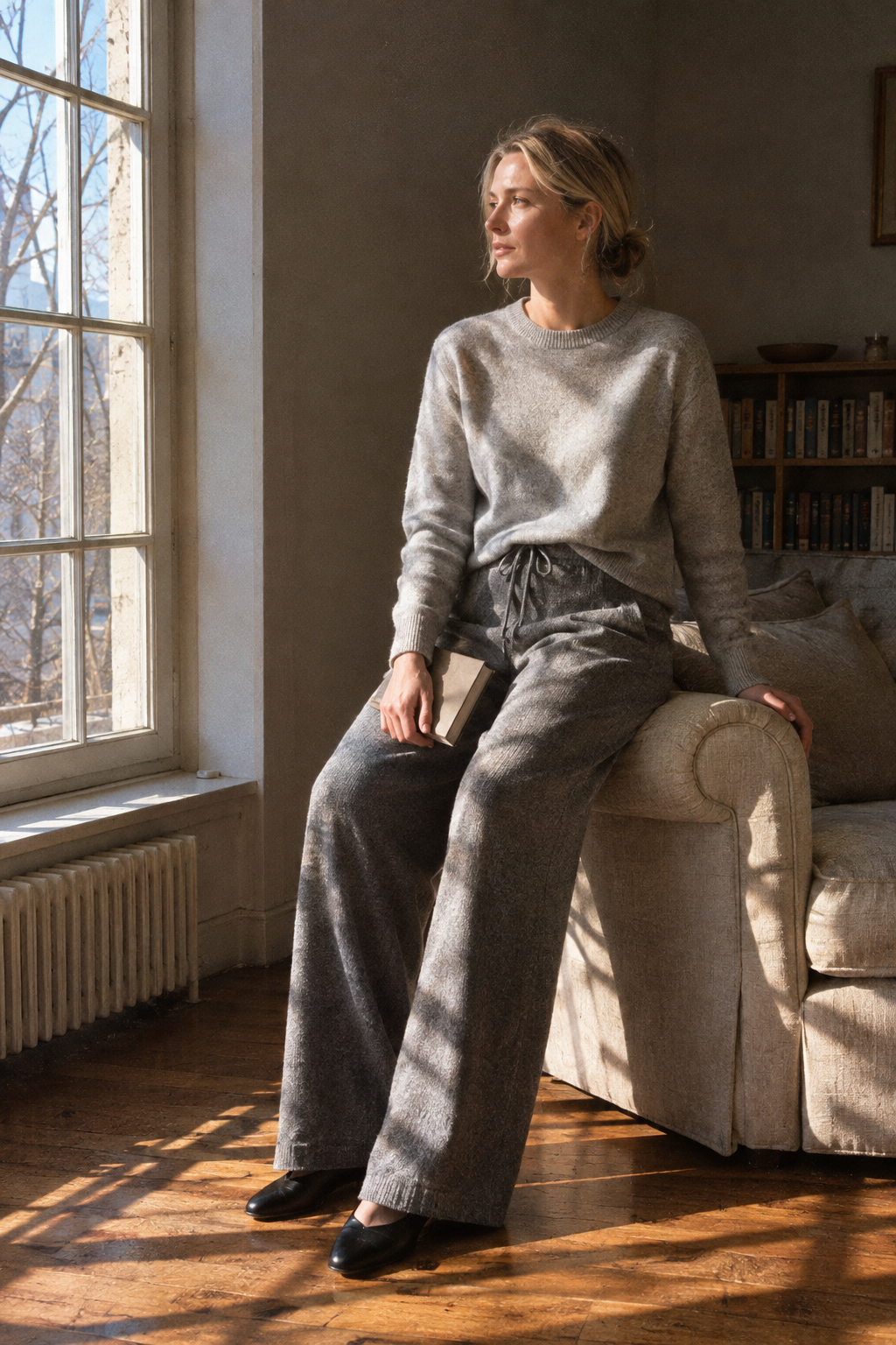old money habit of dressing well at home: light gray cashmere crewneck sweater and mid gray cashmere wide-leg pants