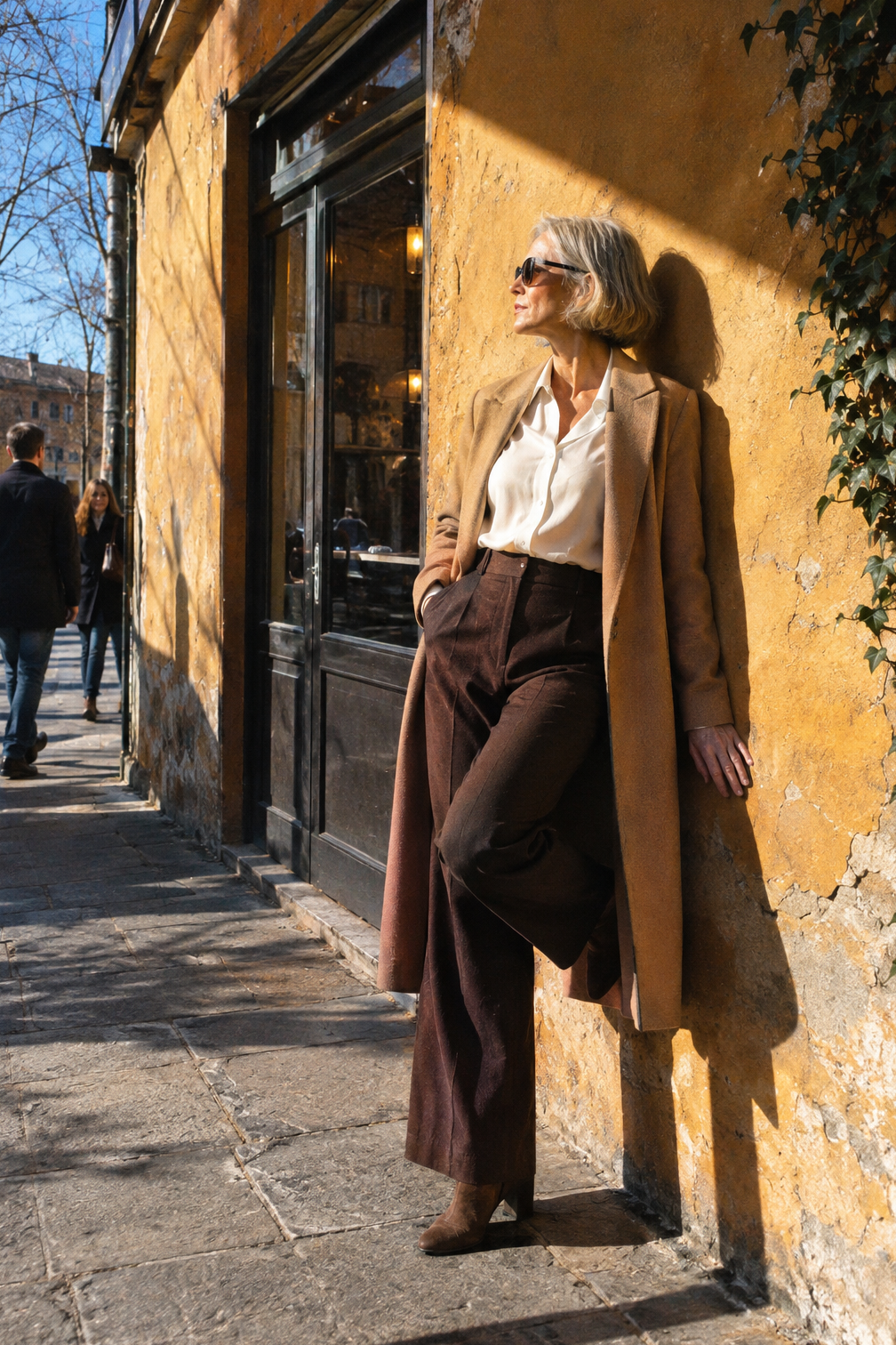 smart casual winter dinner outfit: ivory silk blouse, espresso wide-leg trousers, brown suede block-heel booties and a long camel coat
