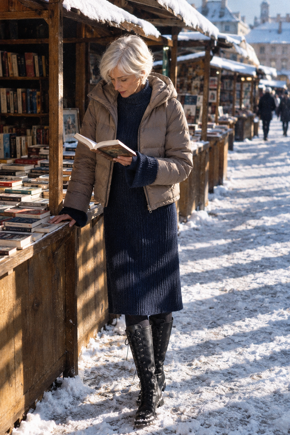 snow outfits for women: taupe hooded cropped down puffer, navy long-sleeve ribbed wool knit midi, black thermal tights and tall black waterproof snow boots at a snowy market