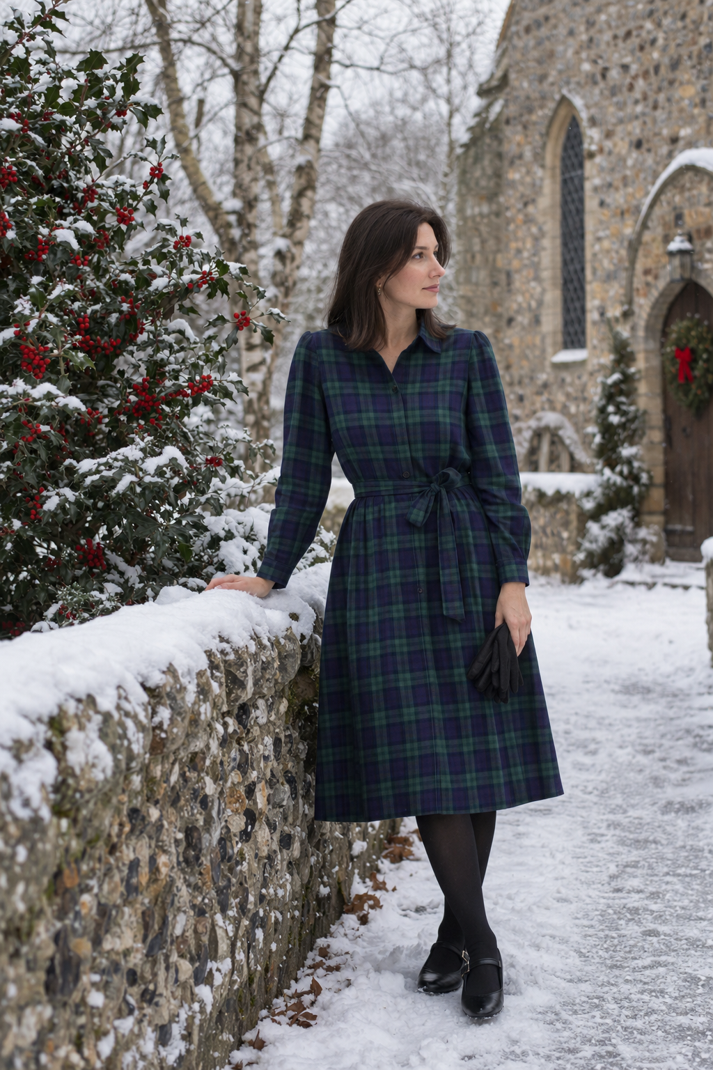 christmas church outfit women classy: navy and green check long-sleeve belted shirt dress with black opaque tights and black Mary Jane flats