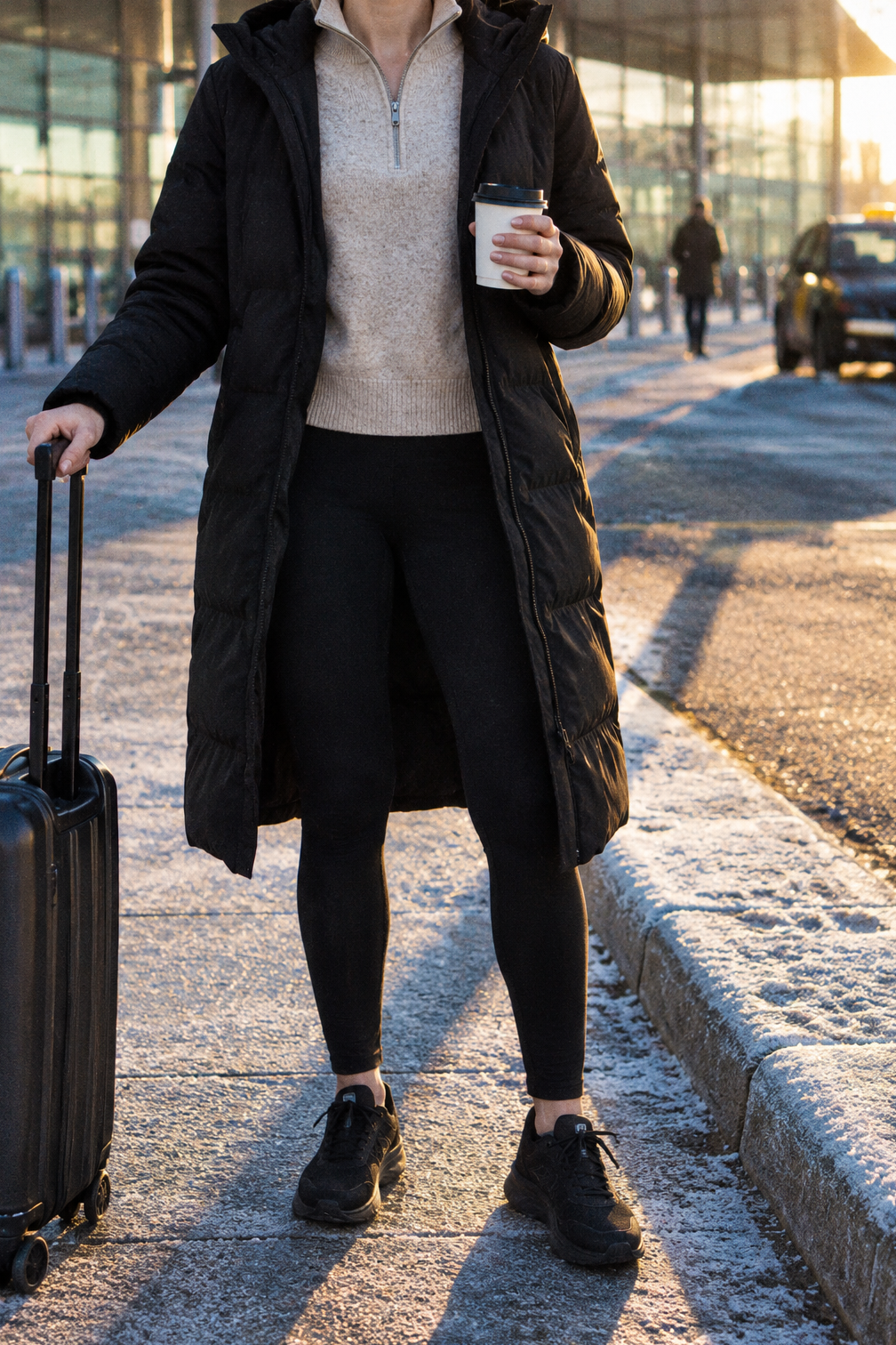 red-eye winter airport outfit: long black hooded down coat over an oat merino half-zip and black leggings