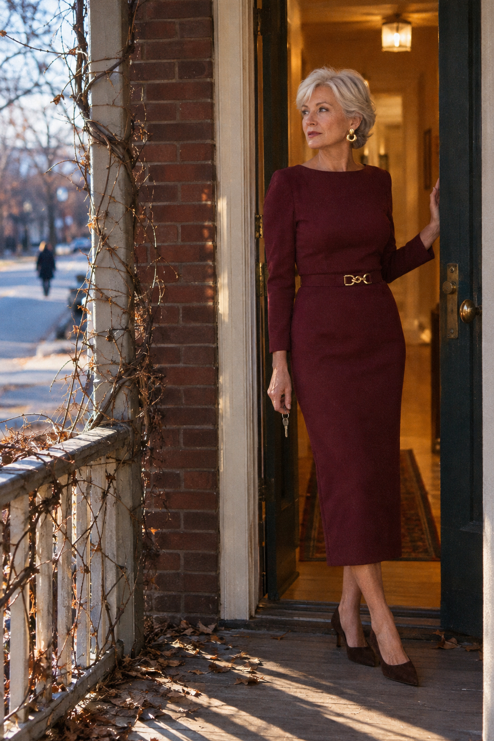 dinner party outfit ideas for hosting: burgundy belted long-sleeve sheath midi dress with gold statement earrings and brown suede kitten pumps