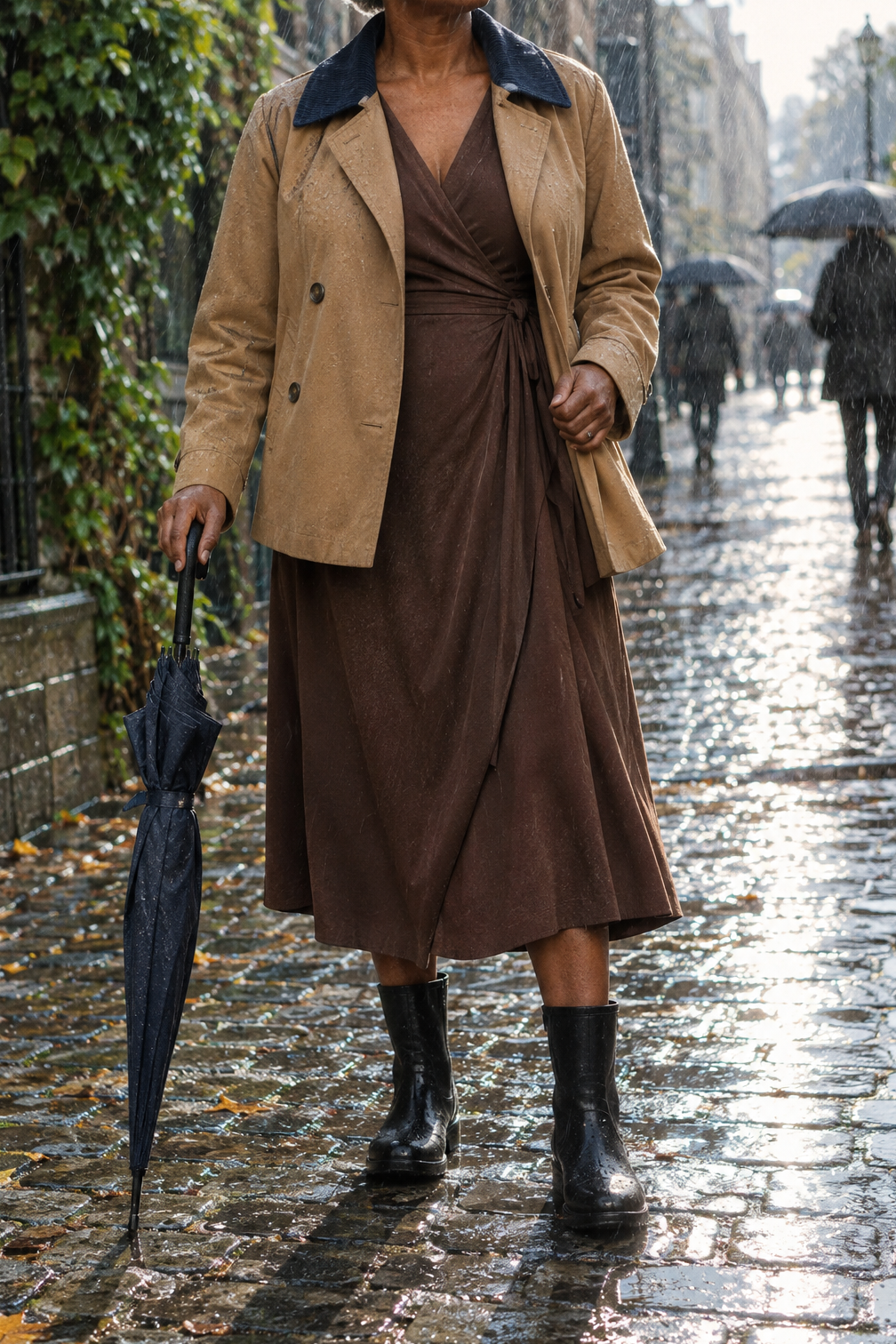 rainy day outfit for work: short camel swing trench over a chocolate brown midi wrap dress with black short rain boots