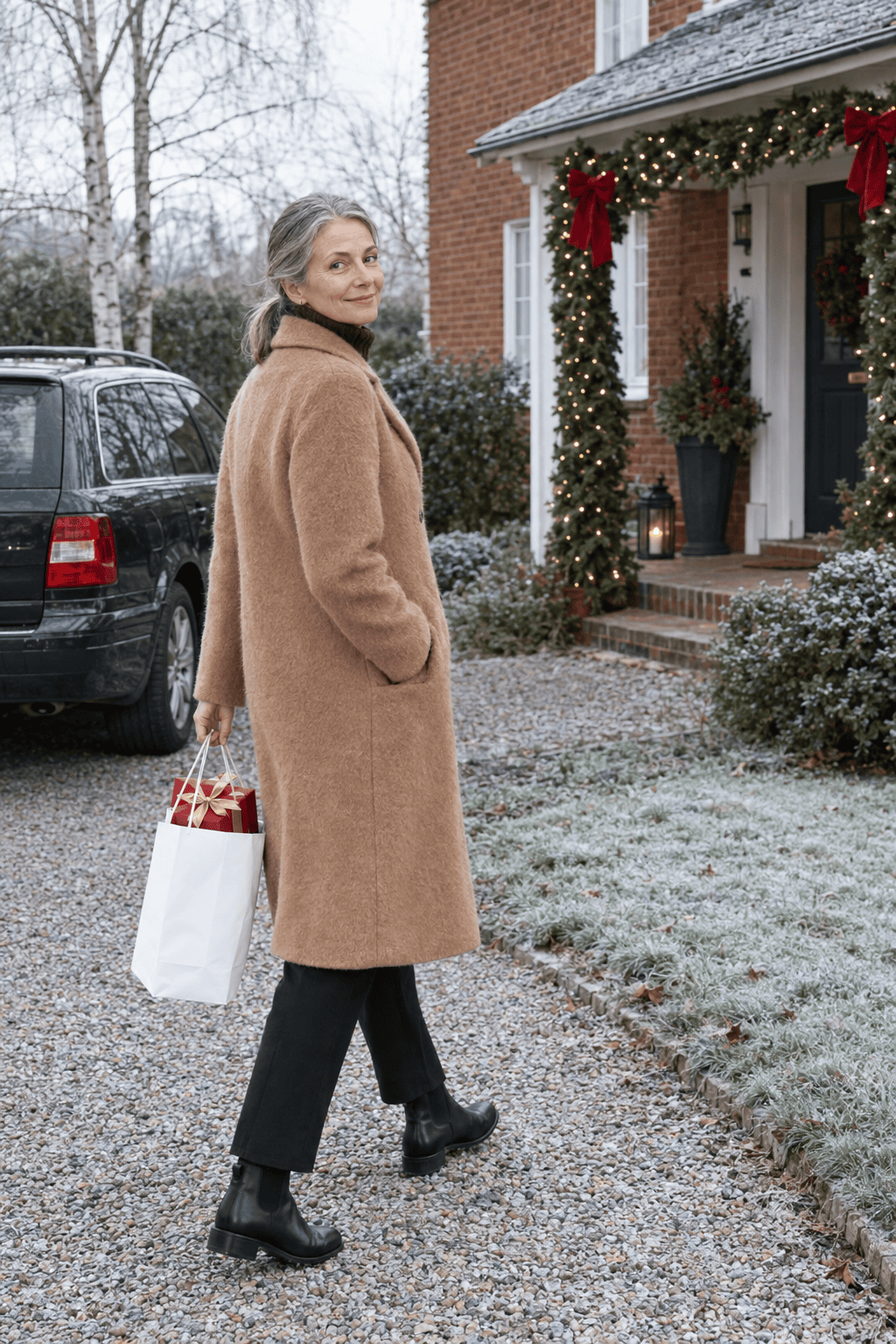 elegant christmas outfit for women over 60: oversized camel wool-mohair coat over a chocolate turtleneck with black ponte trousers and black ankle boots