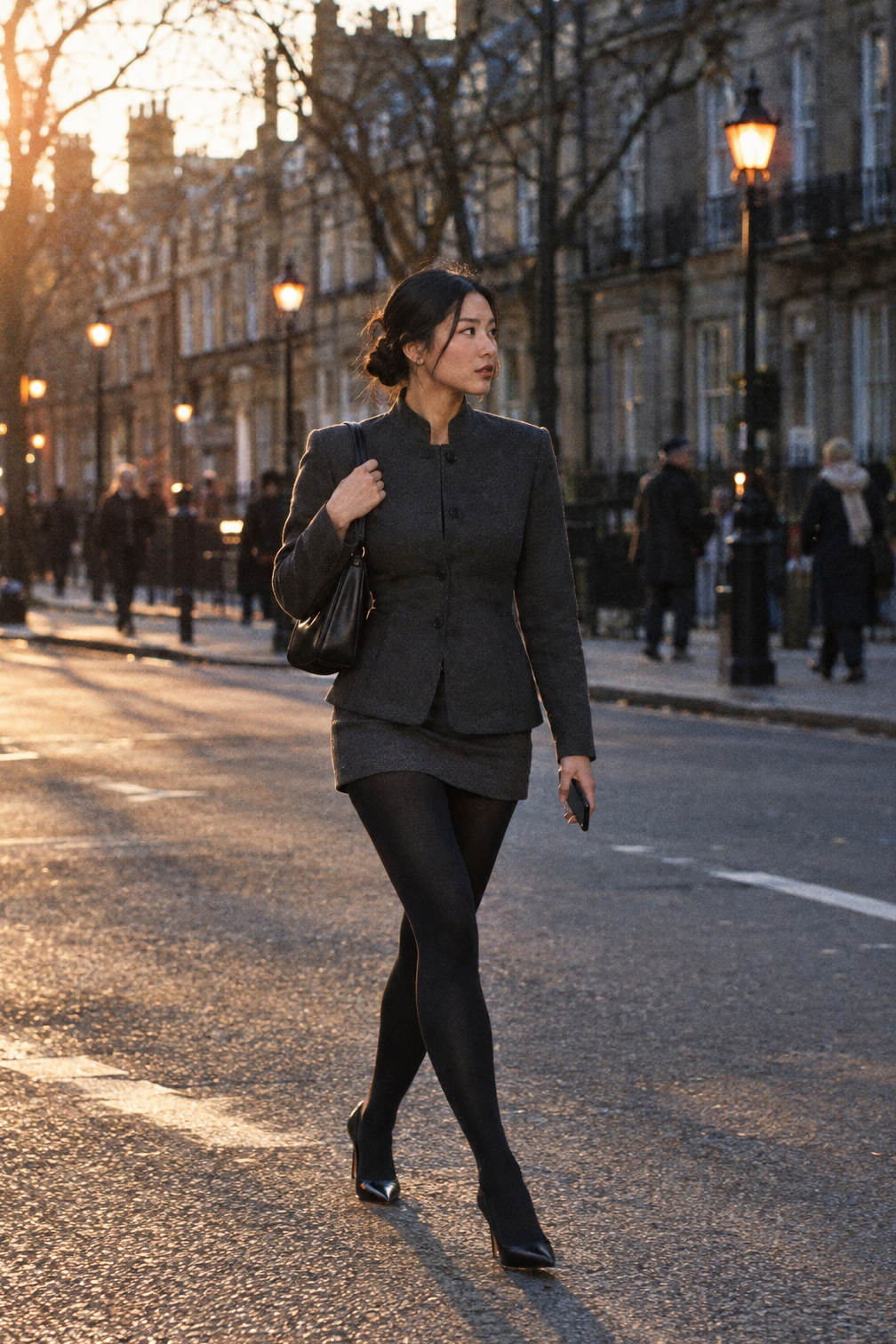 how to style tights with a charcoal ponte blazer, graphite mini skirt and black pumps for evening