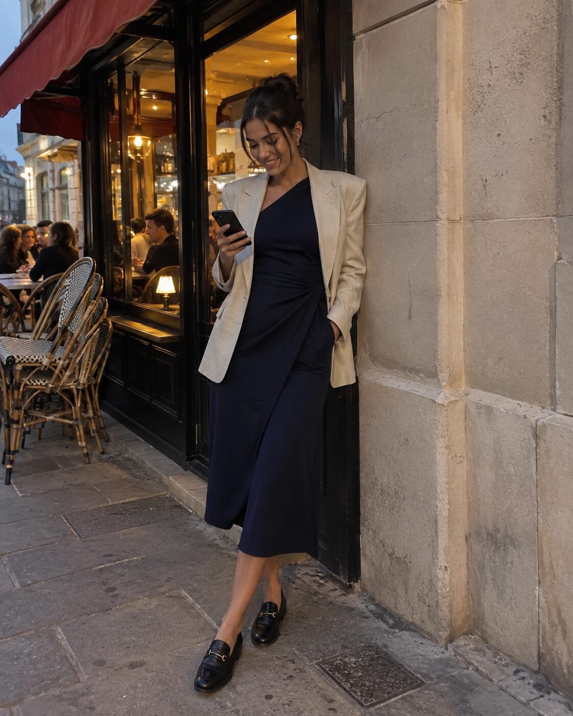 navy wrap midi dress under an oatmeal linen blazer with black loafers outside a Paris bistro