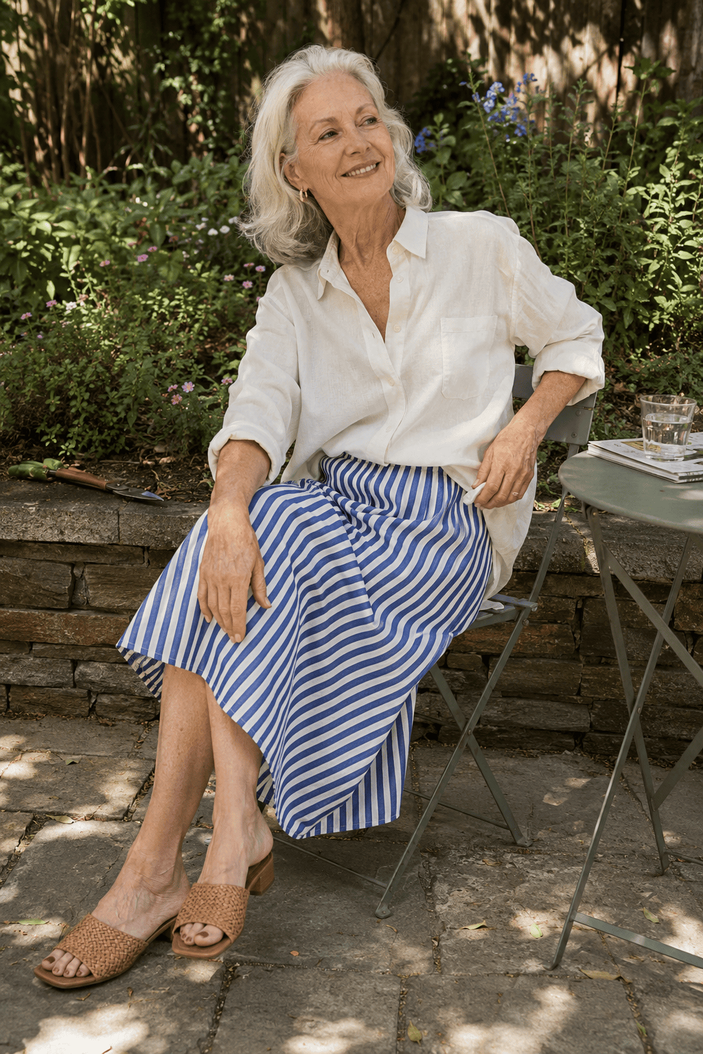 elegant spring outfit for women in their 70s: French blue A-line midi skirt with an ivory linen shirt and raffia sandals