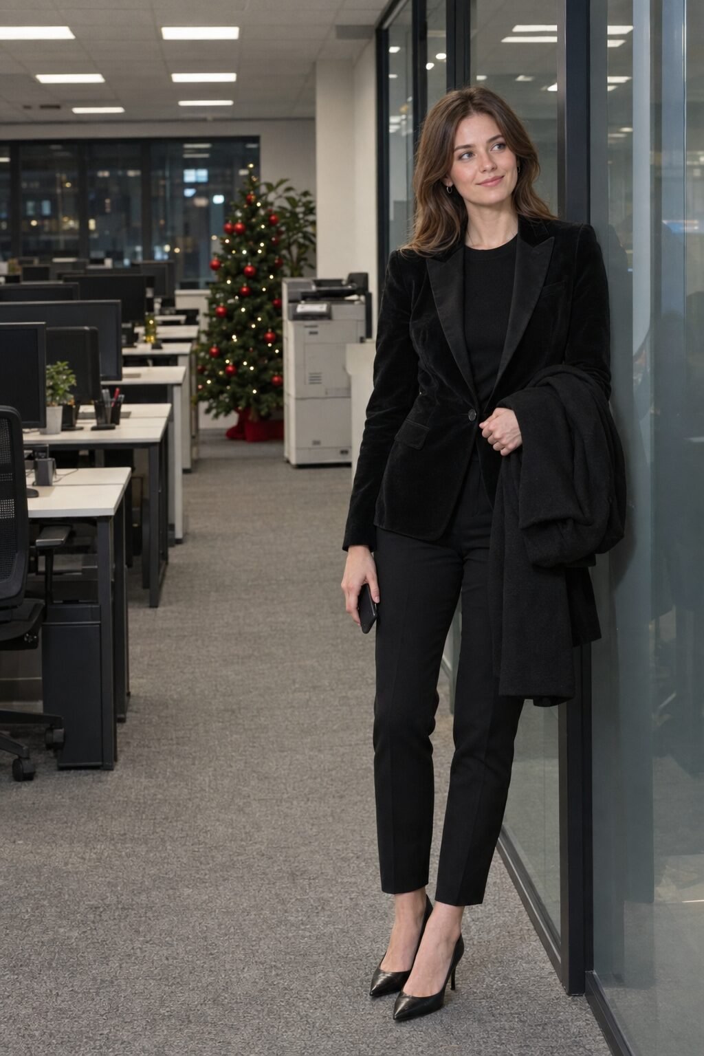 understated christmas office party outfit: black velvet blazer over a fine black cashmere sweater with black pointed pumps