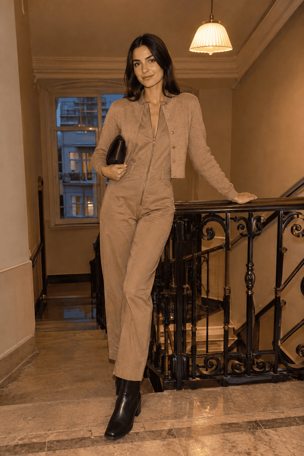 cool-weather linen outfit: camel linen jumpsuit with a cropped cardigan and black ankle boots