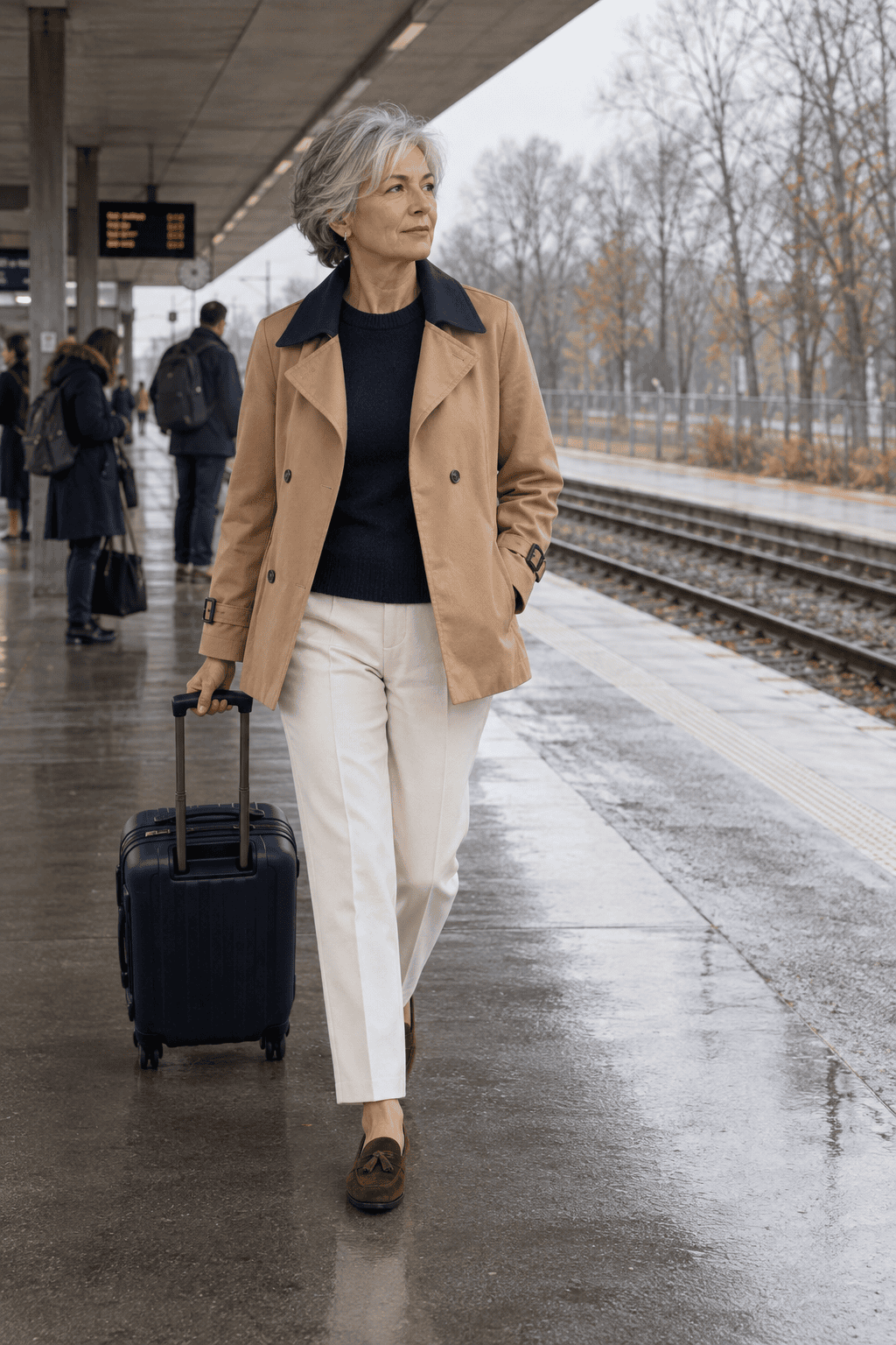 petite women over 60 travel outfit: short camel trench jacket over a navy cashmere crewneck, ecru straight trousers and suede tassel loafers
