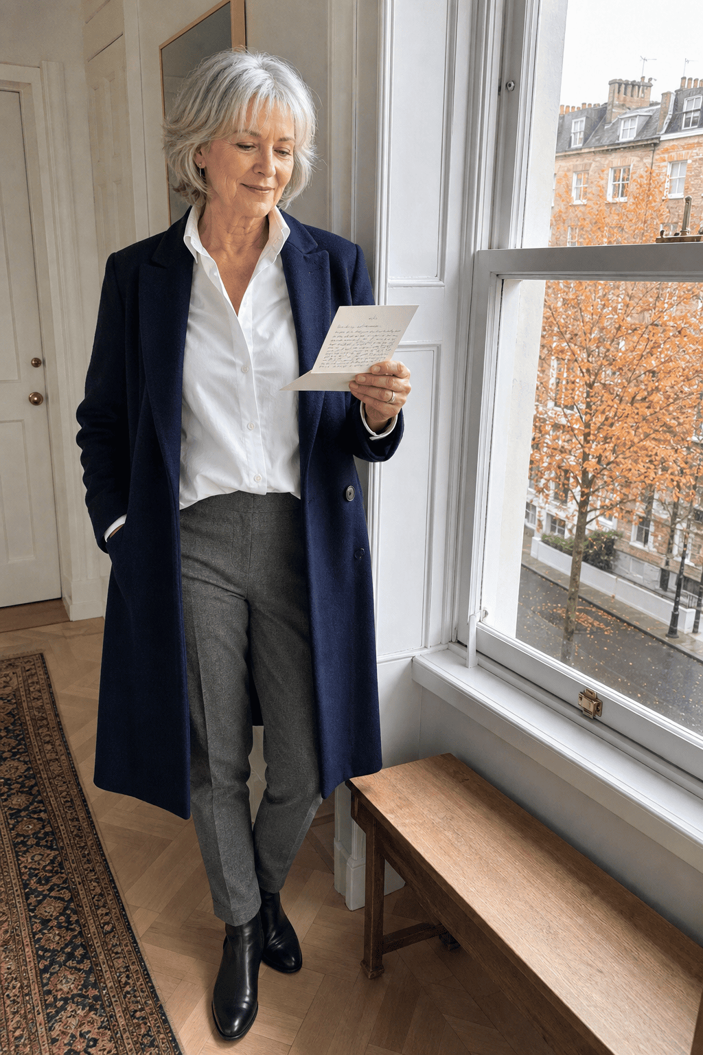 silver-haired woman over 60 in a crisp ivory sweater and soft navy coat that brighten her complexion