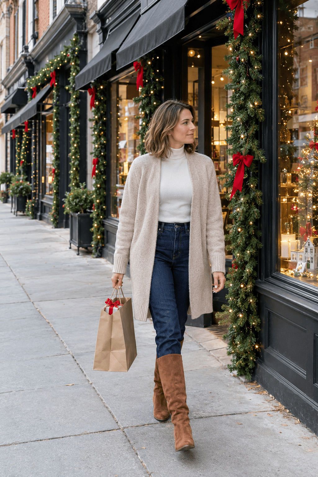 holiday shopping outfit for women over 40: oatmeal cashmere duster cardigan, white ribbed turtleneck, dark straight jeans and cognac knee boots
