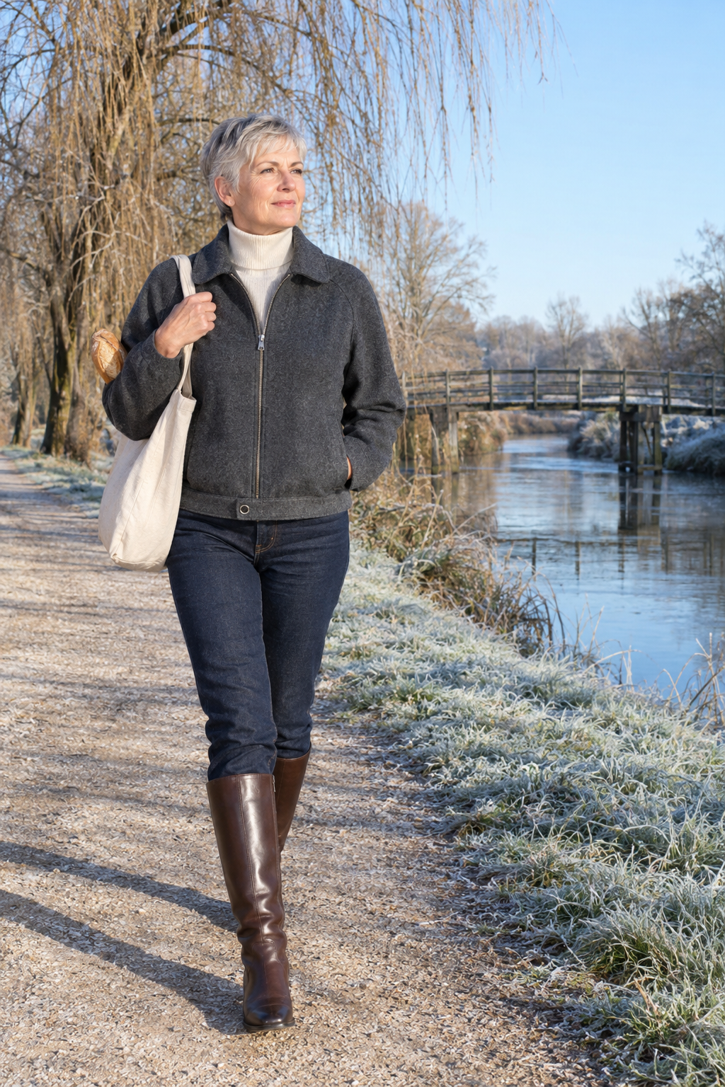 winter weekend outfit for women over 60: dark grey wool Harrington jacket over a cream turtleneck, dark jeans and brown leather boots
