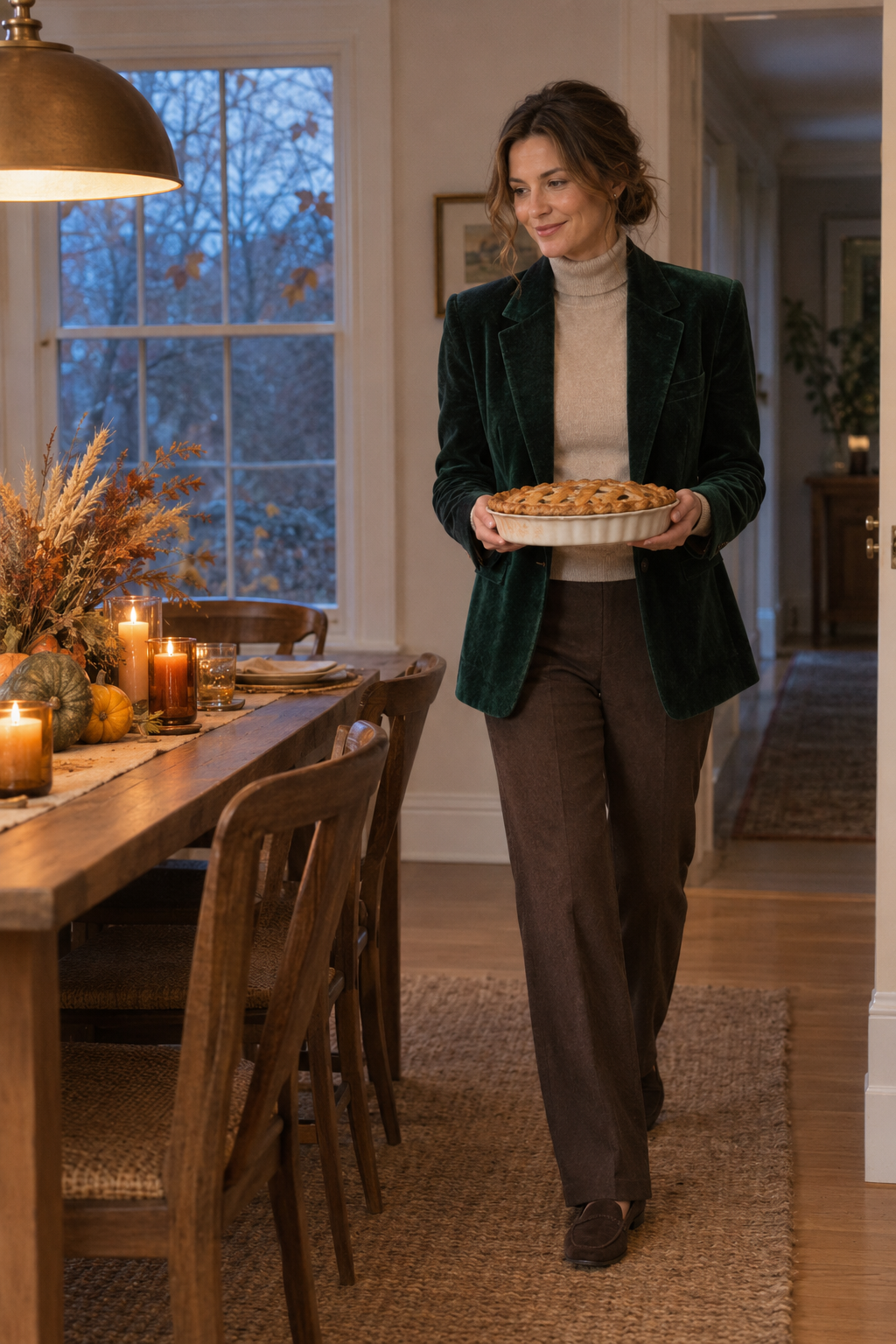 emerald velvet blazer over an oatmeal cashmere turtleneck with chocolate trousers and brown suede loafers at a Thanksgiving dinner table