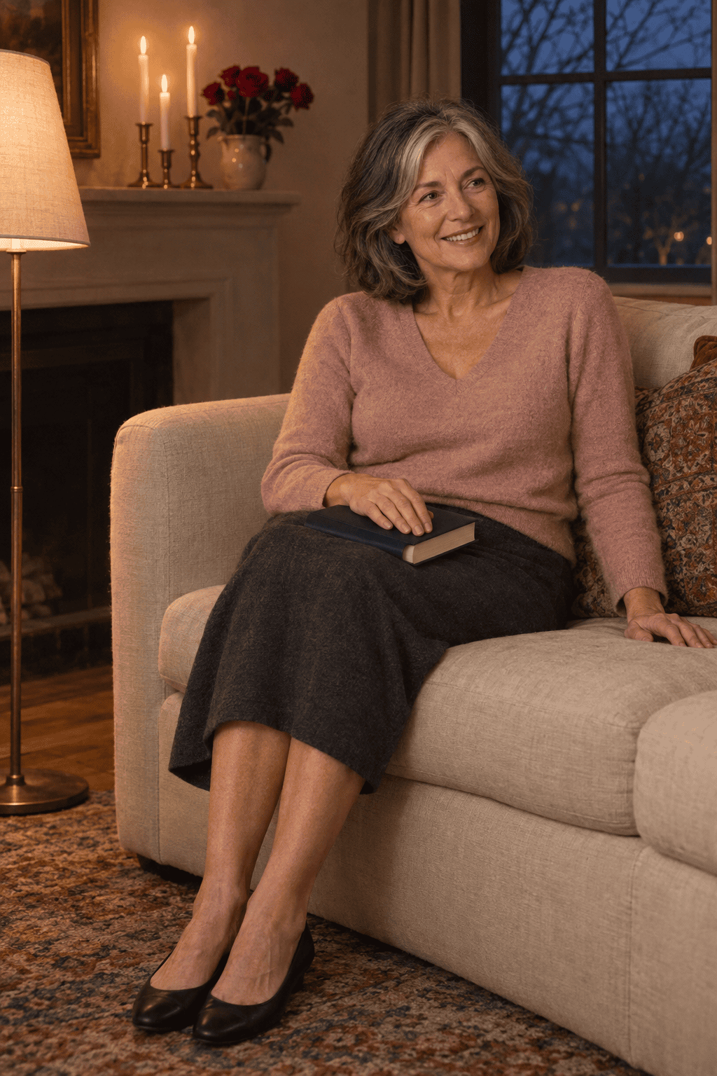 romantic valentines outfit for women over 60 at home: dusty pink cashmere V-neck sweater with a charcoal cashmere midi skirt and black leather ballet flats