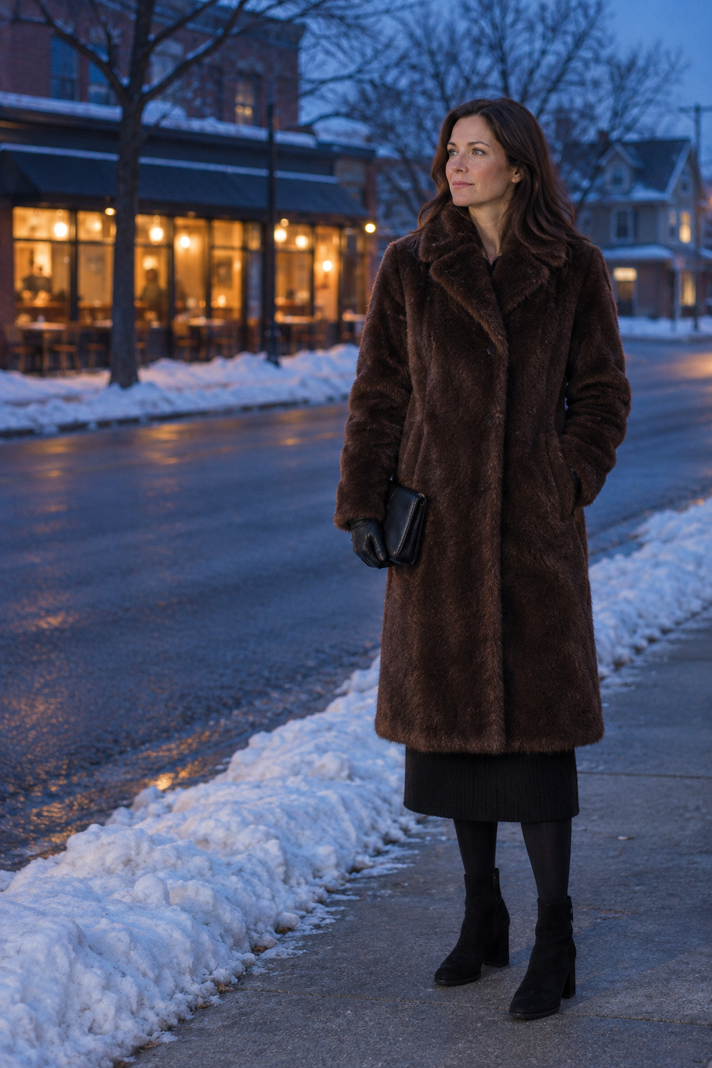 freezing night dinner outfit: espresso faux-fur long coat over a black alpaca sweater dress, thermal tights and black suede block-heel boots