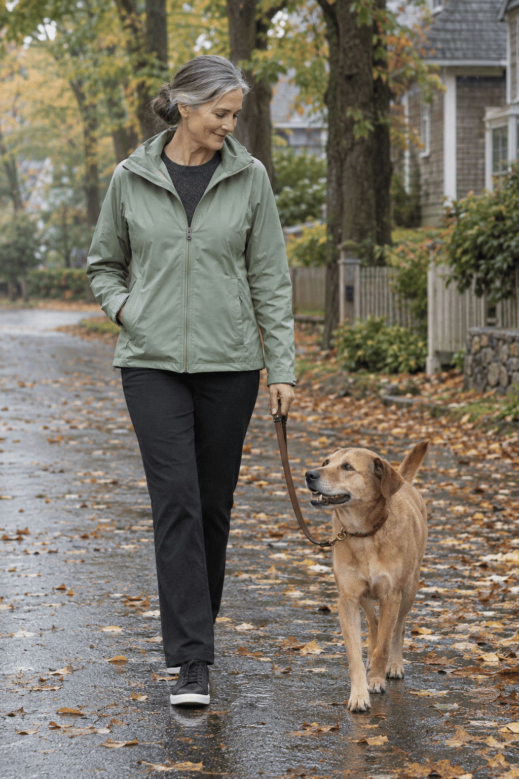 sage water-repellent windbreaker over a charcoal merino crewneck with black slim straight ponte pants and black leather sneakers, a dog-walking outfit for women over 60