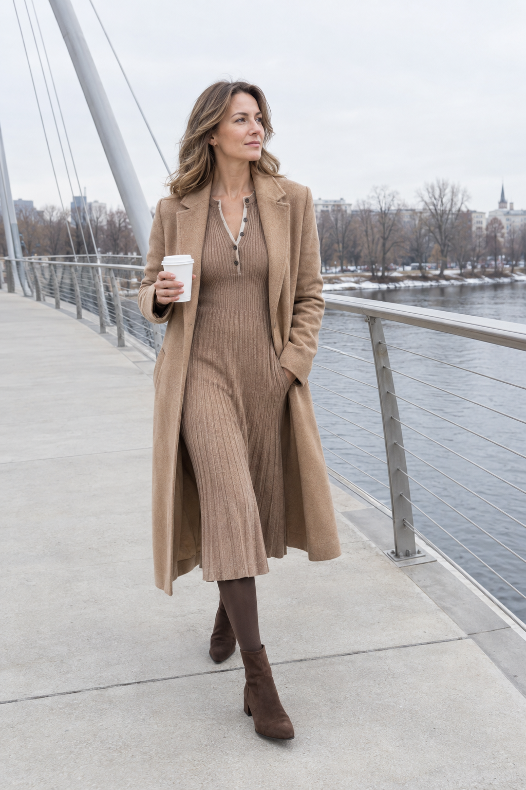 ankle boots with a sweater dress in winter: camel ribbed henley knit midi dress under a long camel coat, brown tights and chocolate suede ankle boots