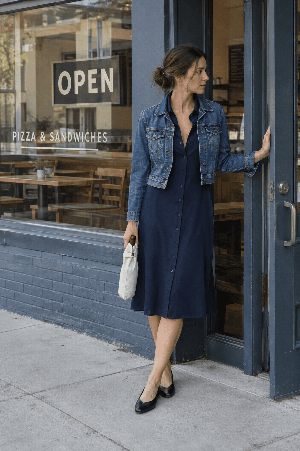 wrinkle resistant navy travel dress with a cropped indigo denim jacket and black flats for casual dinner