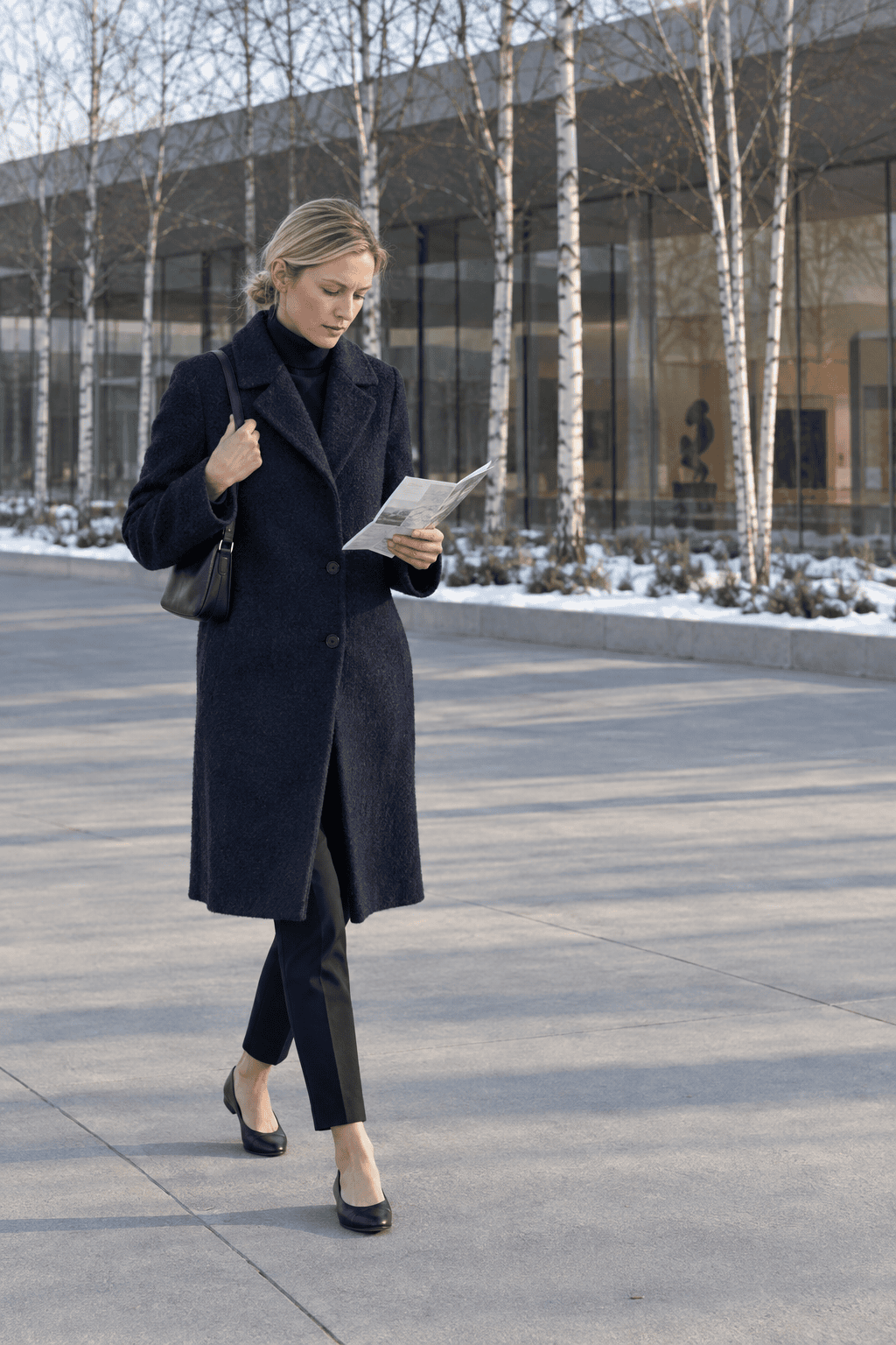 navy and black winter museum outfit: navy wool coat, navy cashmere turtleneck, black cigarette pants and black leather flats