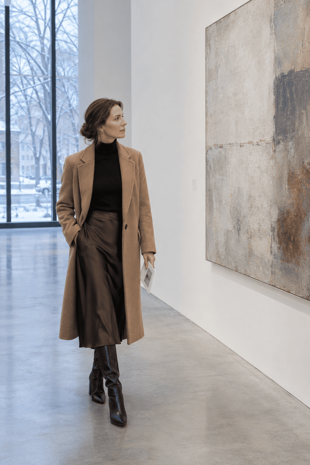 camel coat over black cashmere turtleneck and chocolate silk midi skirt with black leather knee boots, winter gallery outfit