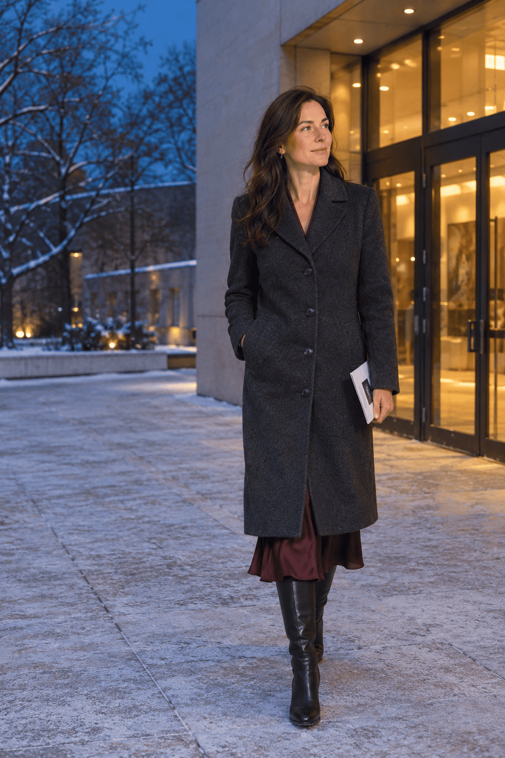 how to wear a long skirt in winter to a concert: oxblood silk maxi skirt under a buttoned below-the-knee heather charcoal wool coat with black heeled knee boots