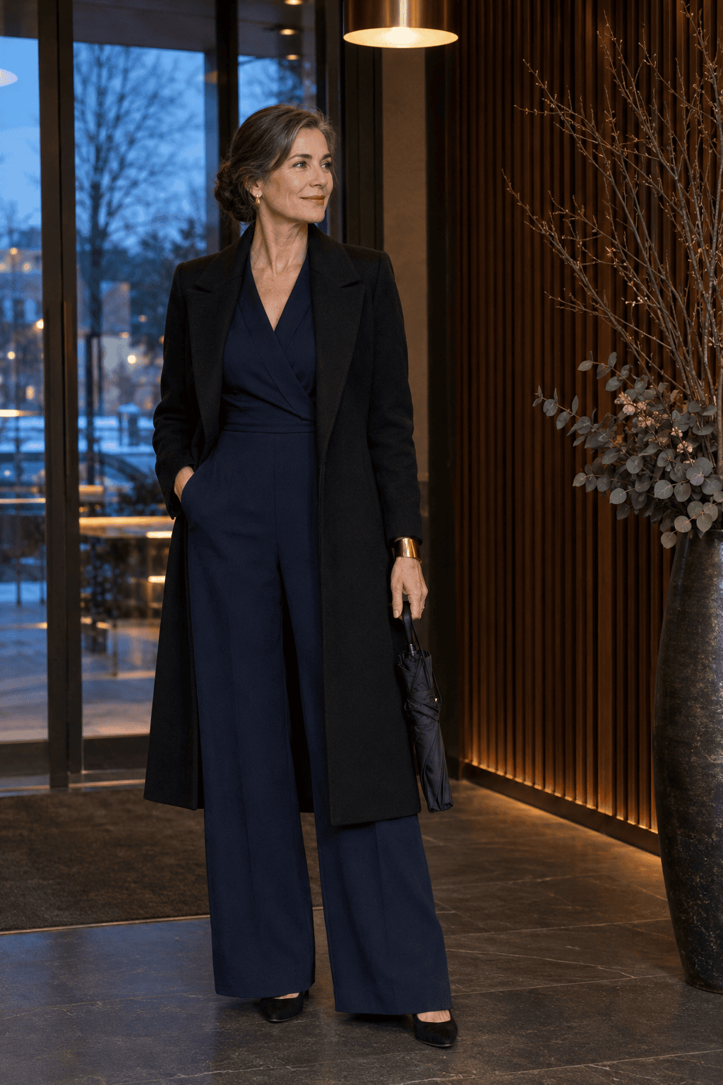 mother of the bride rehearsal dinner winter outfit: navy crepe wide-leg jumpsuit with bell sleeves, long black tailored wool coat and black suede pumps
