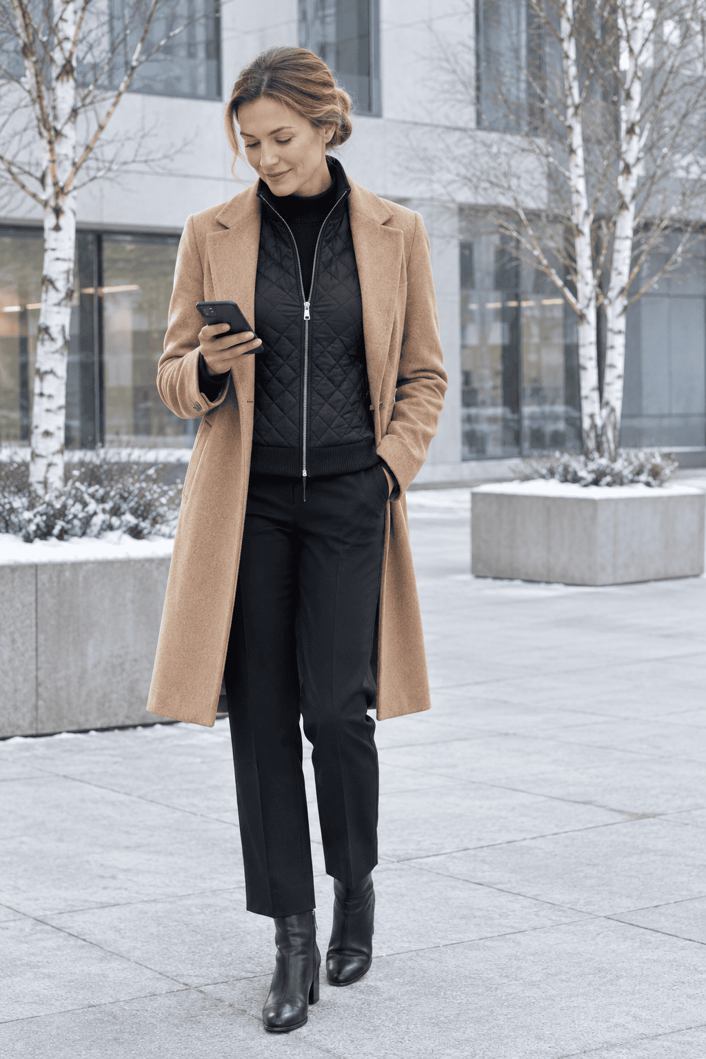 how to dress warm in winter without looking bulky: woman wearing a slim black quilted vest under an open tailored wool coat