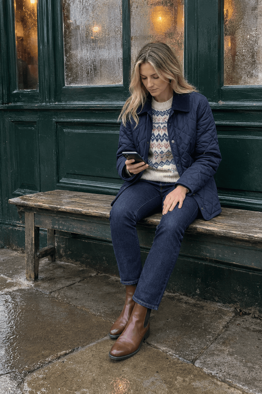 London winter outfit for a pub lunch: navy quilted jacket with corduroy collar, cream Fair Isle sweater, dark jeans and brown leather Chelsea boots